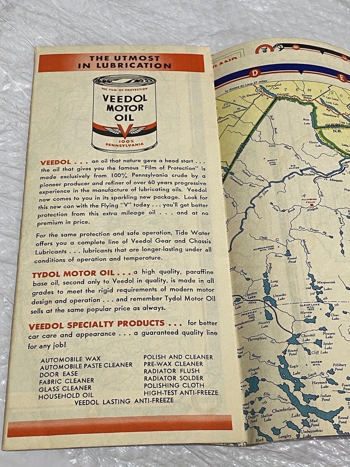 1940 Tydol Veedol Motor Oil Maine Map
