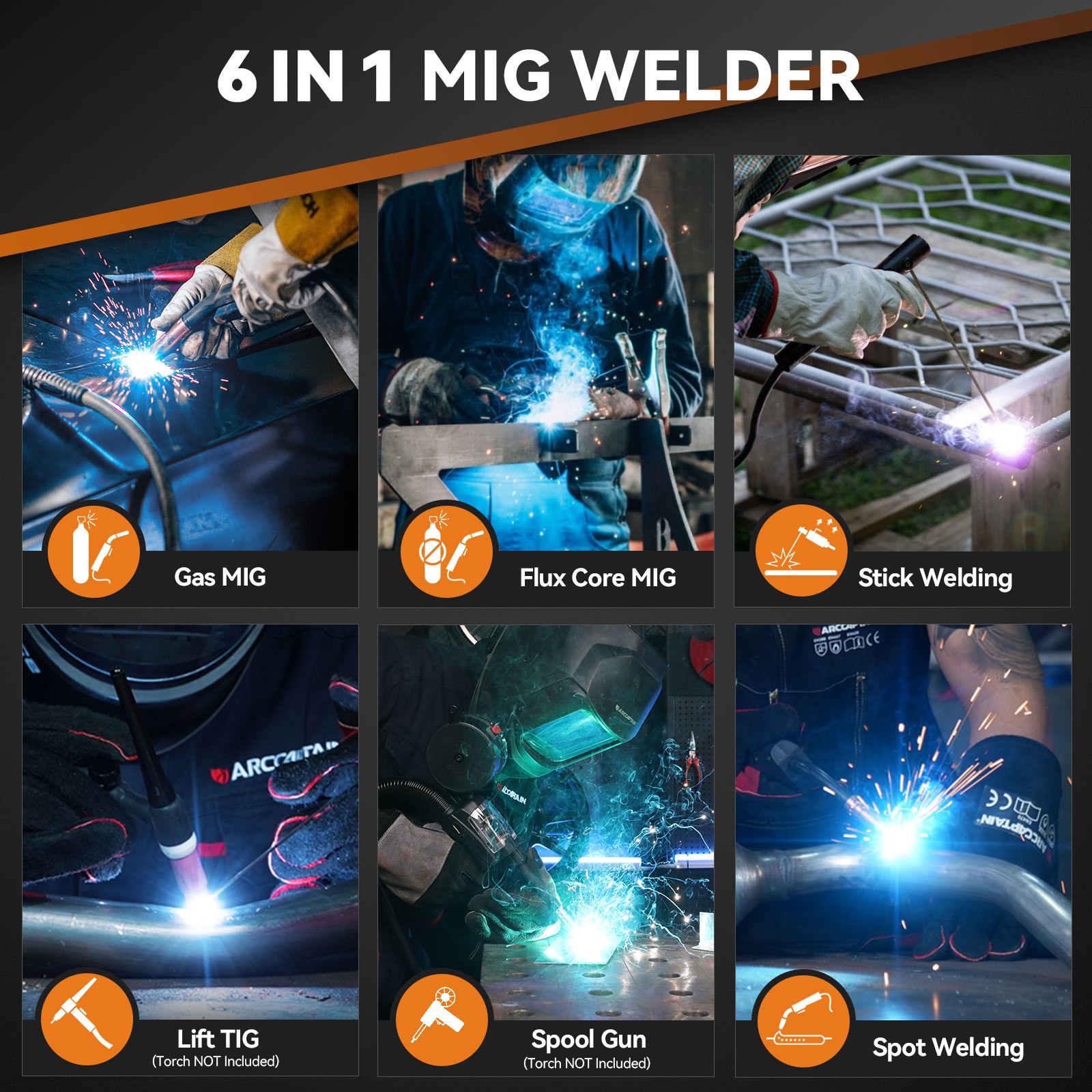 ARCCAPTAIN 250A MIG Welder Gas MIG/Gasless MIG/Stick/Lift TIG/Spool 110V 220V