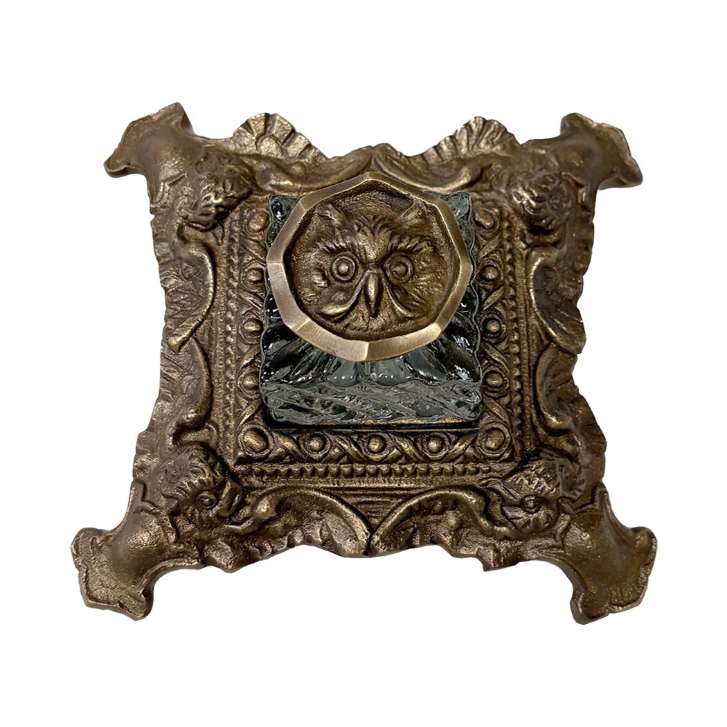 6" Antiqued Brass Owl Inkwell Stand with Glass Inkwell, Antique Reproduction