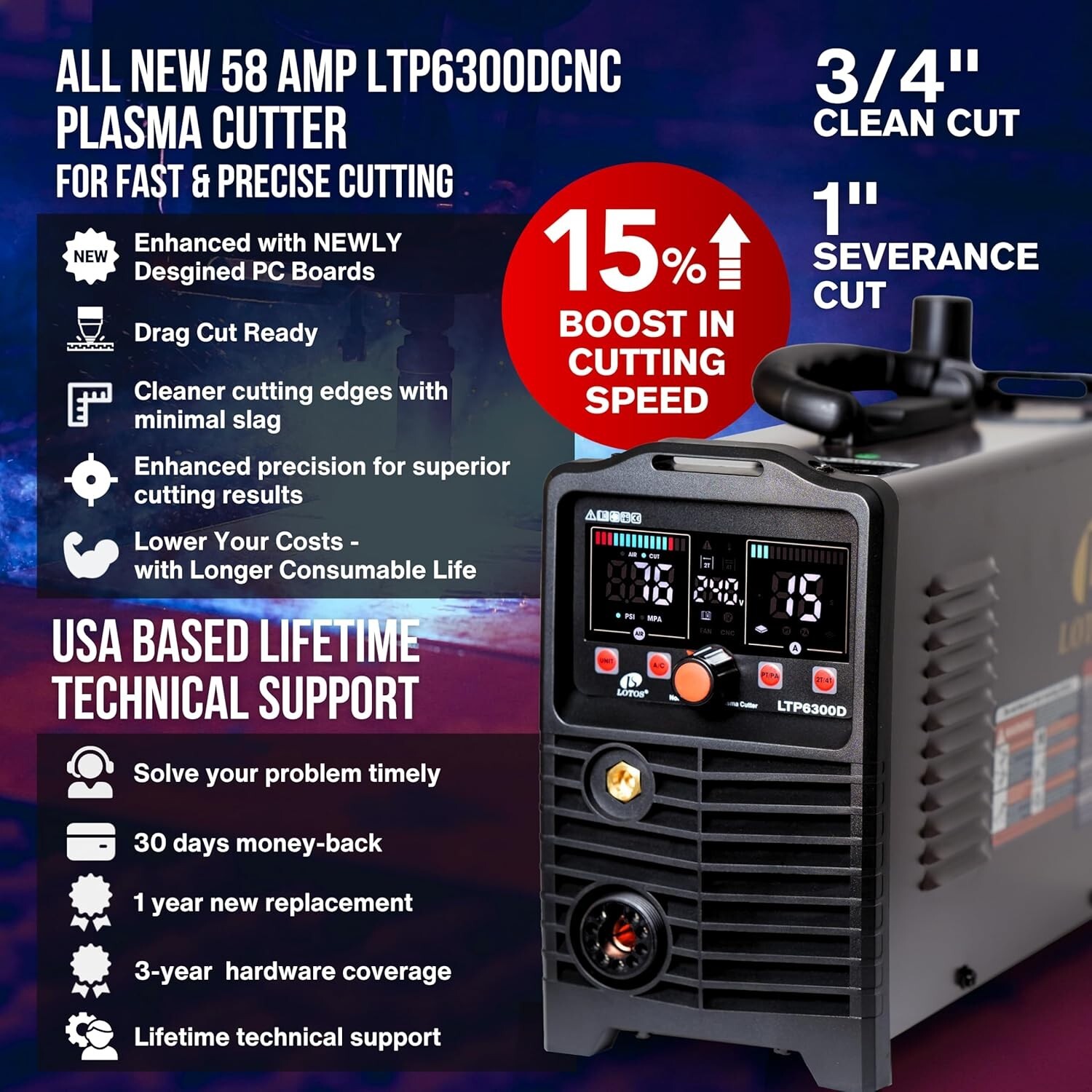 LOTOS LTP6300D 63A Non-Touch Pilot Arc Plasma Cutter, Drag Cut, Non-HF, 110/220V