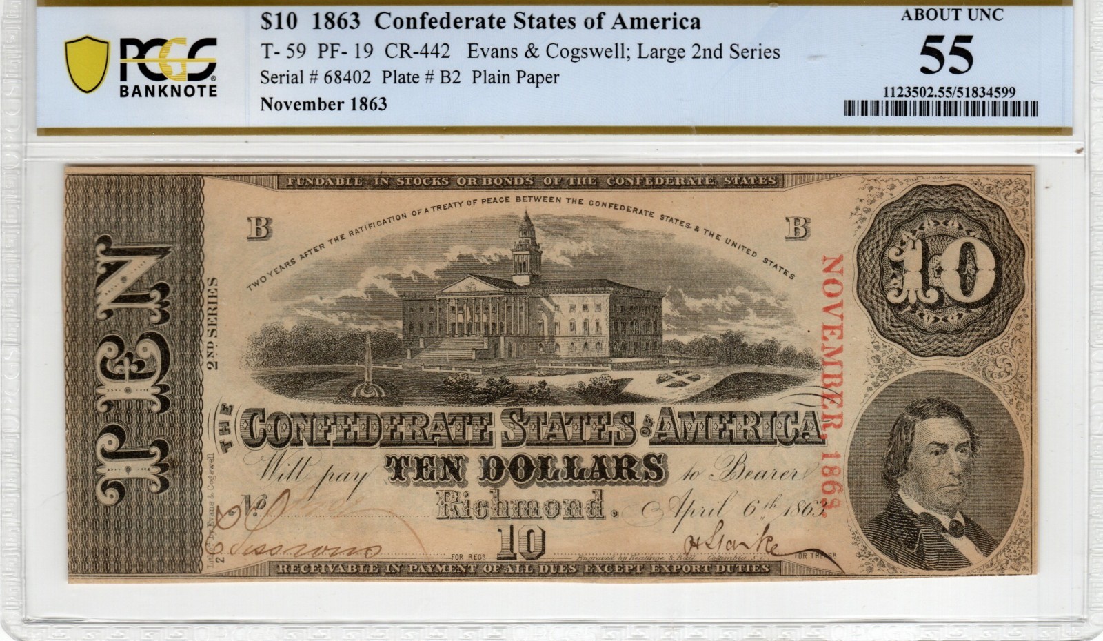 T-59 PF-19 1863 $10 Confederate Paper Money - PCGS-B About Uncirculated 55