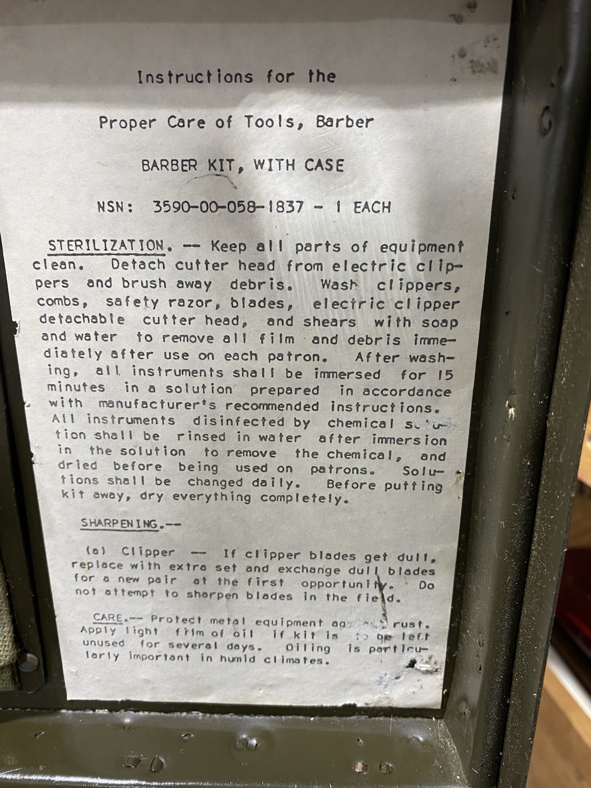 US Army Barber Kit Case NSN 3590-00-058-1837