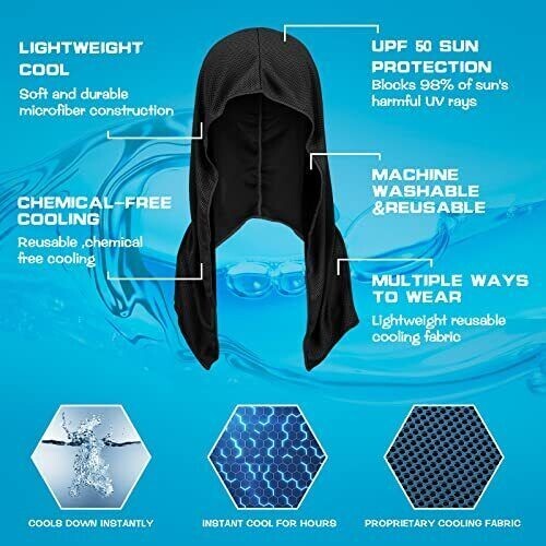 2 Cooling Hoodie Towel, Quick Dry Breathable Neck Wraps Microfiber Black