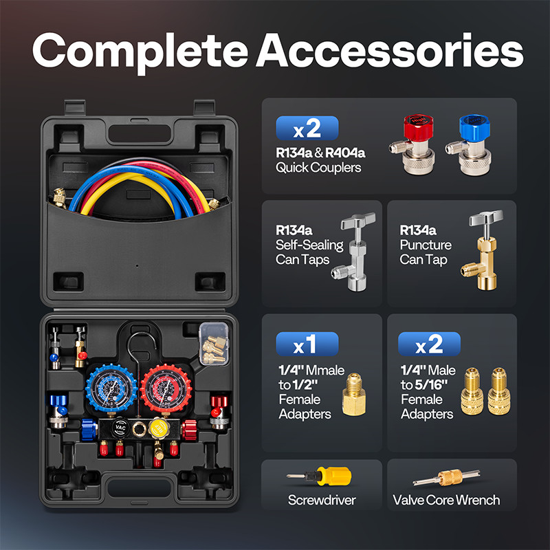 AC Manifold Gauge Set 4 Way For R134a R410a R22 R32 Refrigerat with 5ft Hoses