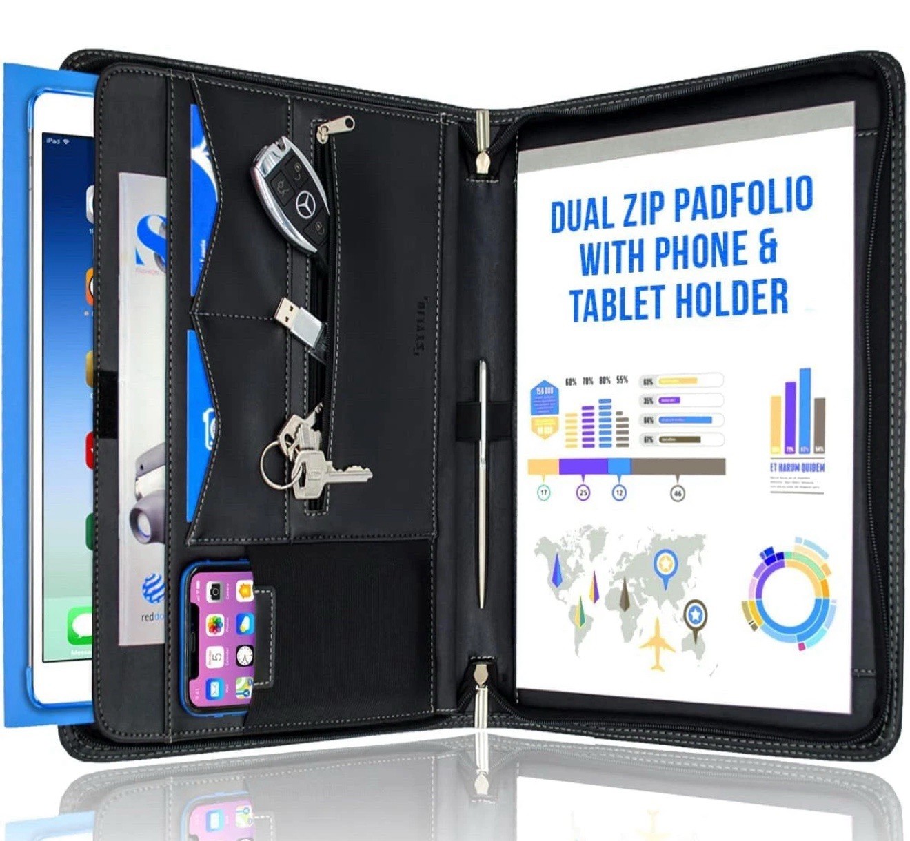 Zipper Padfolio Portfolio Binder Organizer | Faux Leather Portfolio for Resume