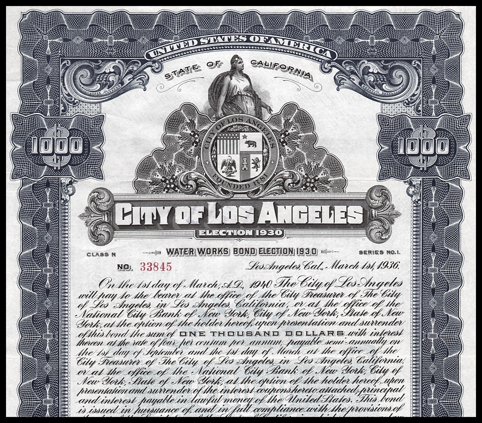 1936 California: City of Los Angeles - Water Works Bond, Election 1930