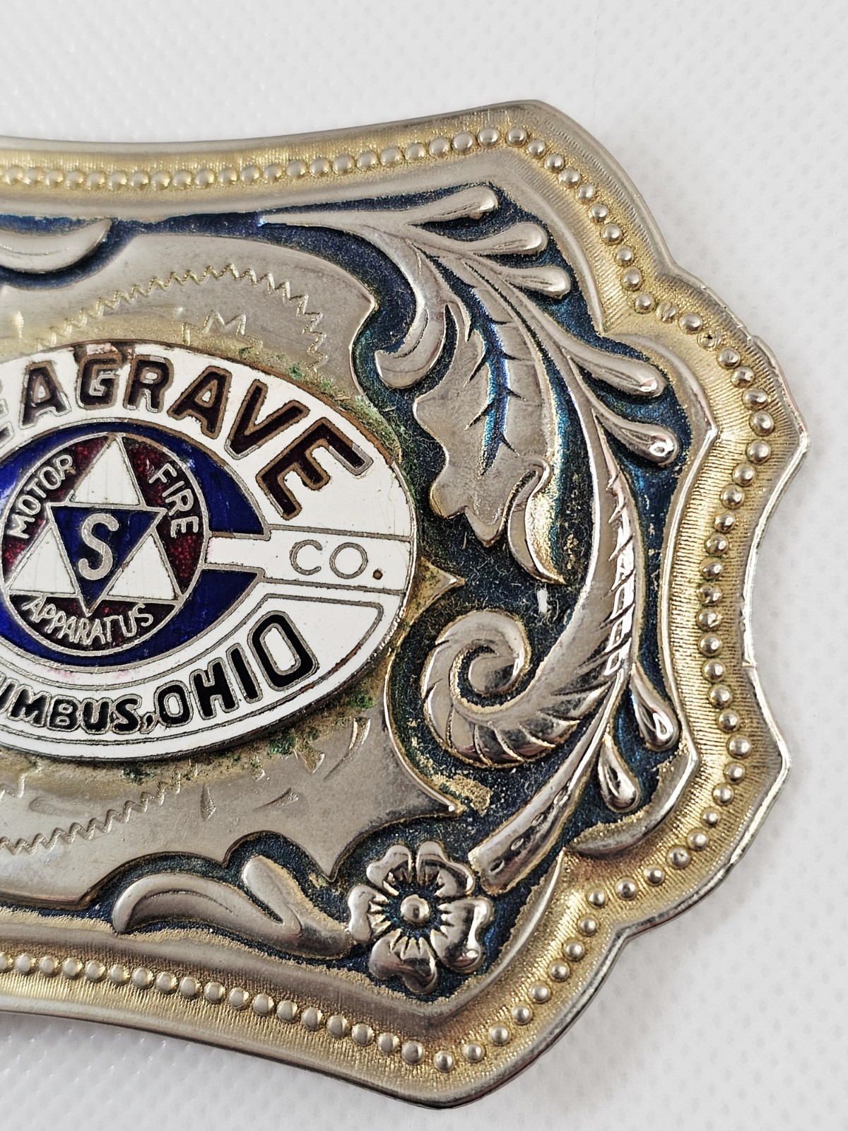 Seagrave Co Columbus Ohio Belt Buckle Motor Fire Apparatus Southwestern Floral