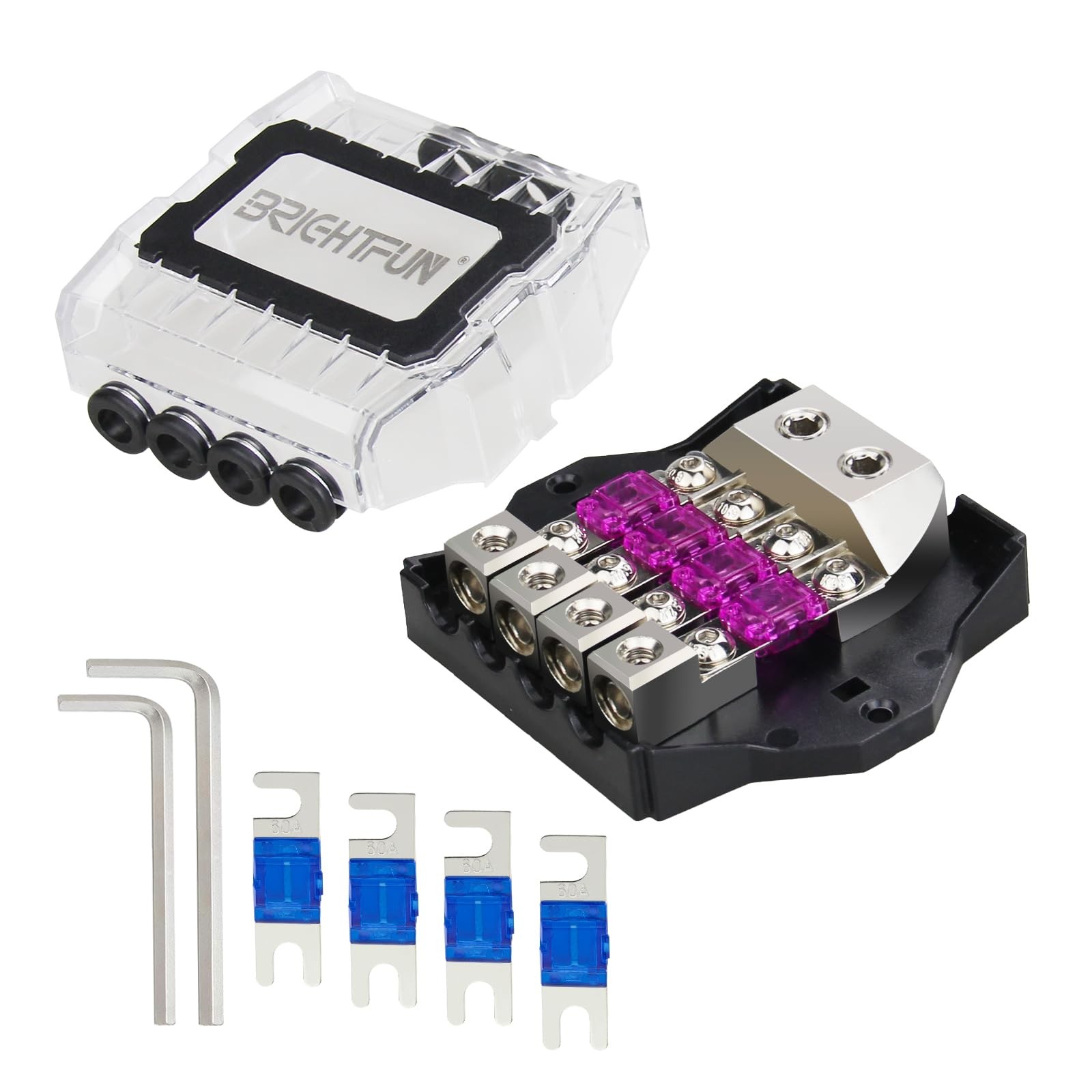 4 Way ANL Fused Distribution Block, 2 X 0/2/4 Gauge in / 4 X 4/8/10Gauge Out Fus