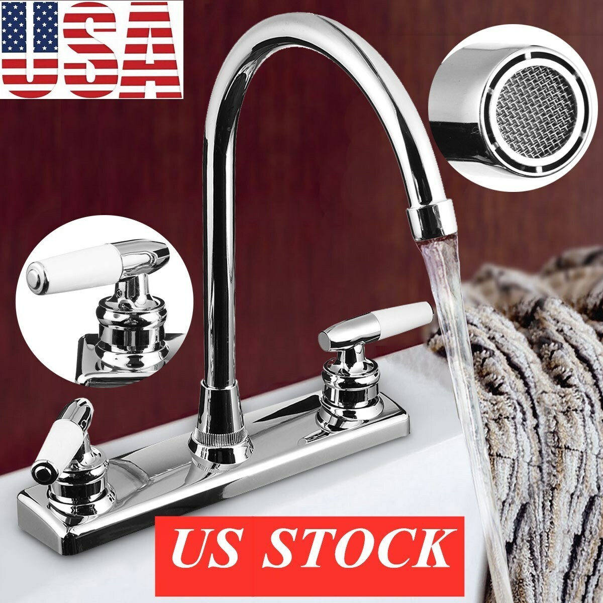 8Inch Chrome High Arc Kitchen Faucet 2Handle Sink Mixer Tap Deck Mounted Plastic