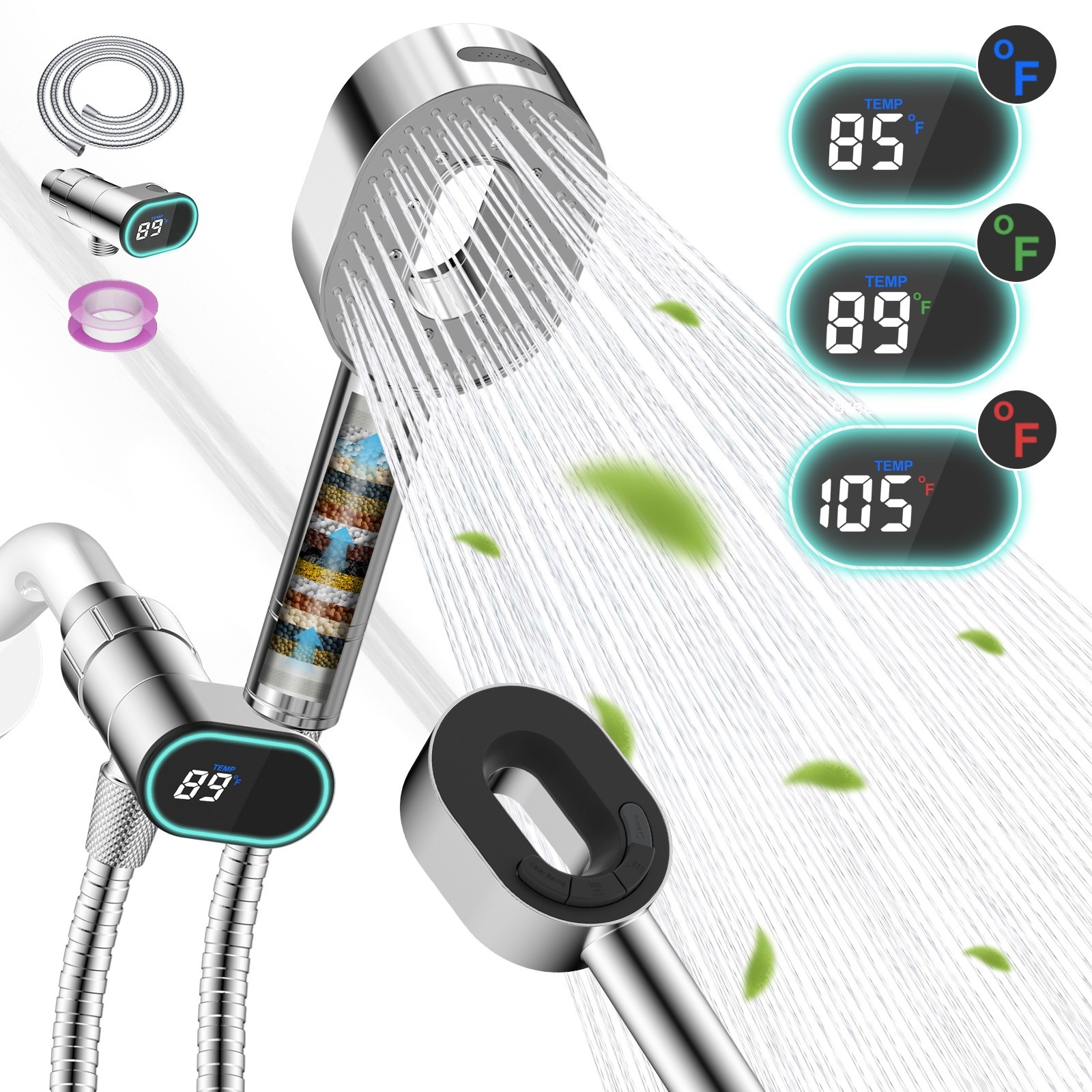 High Pressure Shower Head with handheld spray combo Filtered LED Temp Display
