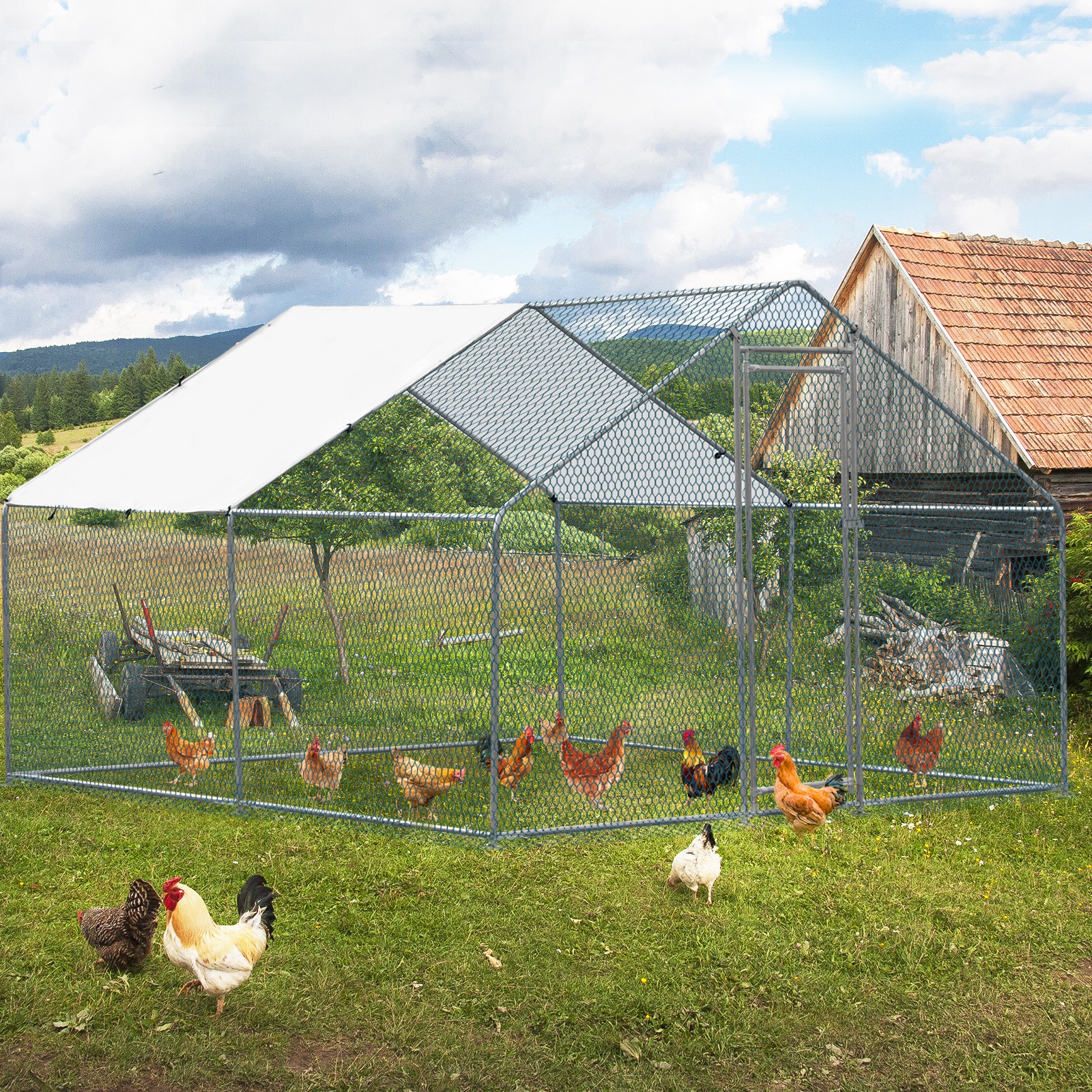 Large 10x10FT Metal Chicken Run Pen Walk-in Cage Poultry Coop Duck Rabbit House