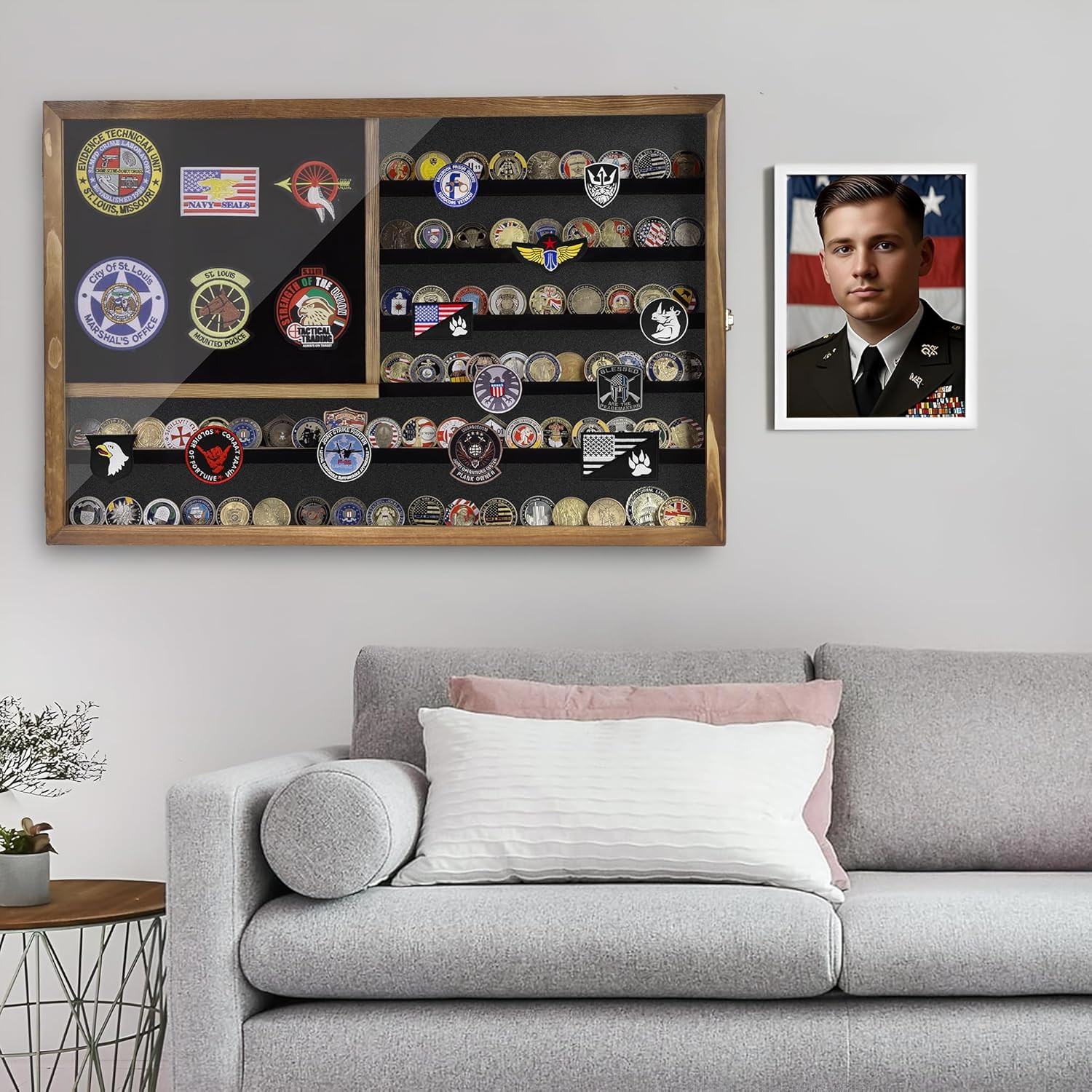 Challenge Coin Display Case, 27.6"X 18.1"Lockable Military Coin Holder with Remo