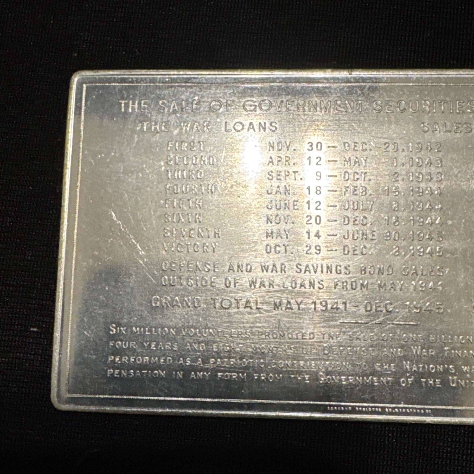 Vintage US Saving Bond Appreciation Aluminum Plaquette 1941-1945 WWII Minuteman