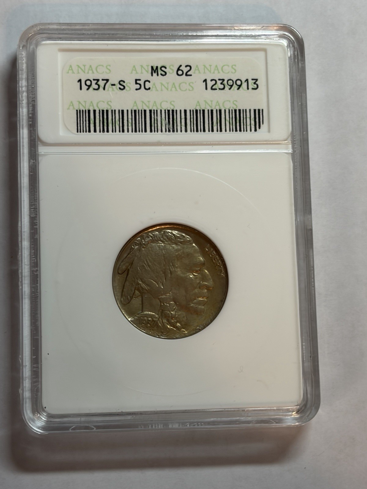 1937-S BUFFALO NICKEL ANACS MS62 OLD SOAPBOX HOLDER NICE LUSTER