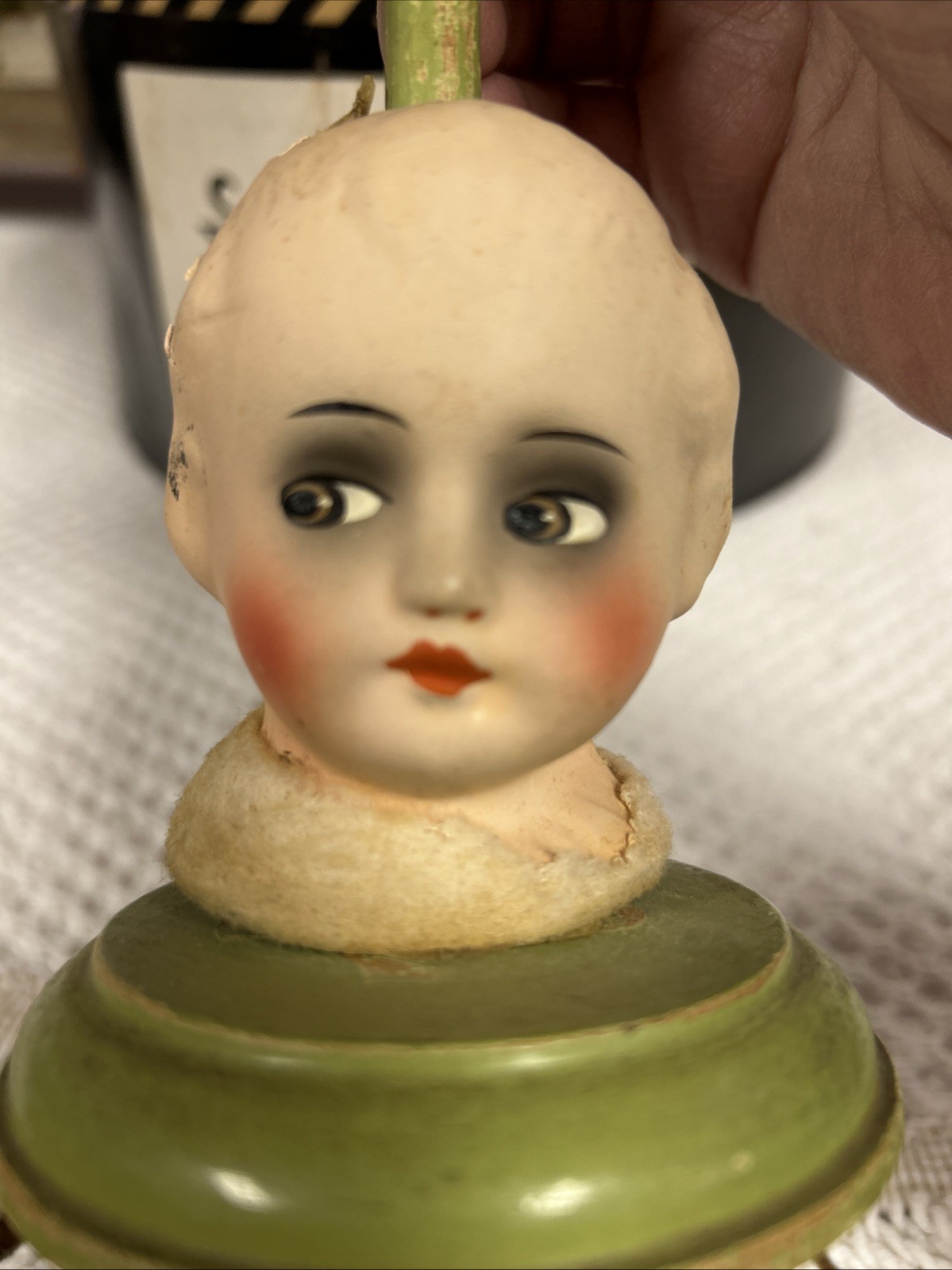 Antique Papier-Mâché Side Eyed Doll Head Girl Wood Hat Stand 9.5" Creepy Germany