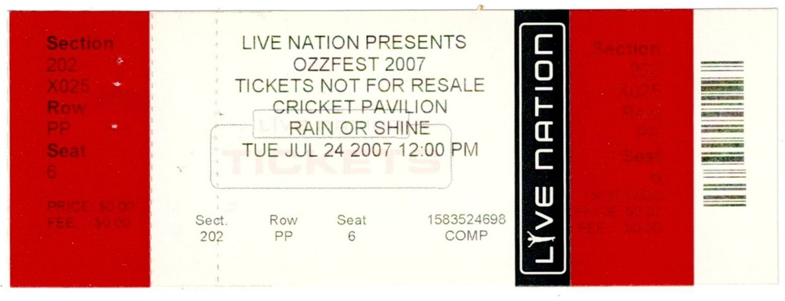2007 OZZFEST concert ticket OZZY OSBOURNE Lamb of God Hatebreed 7/24/07 staples