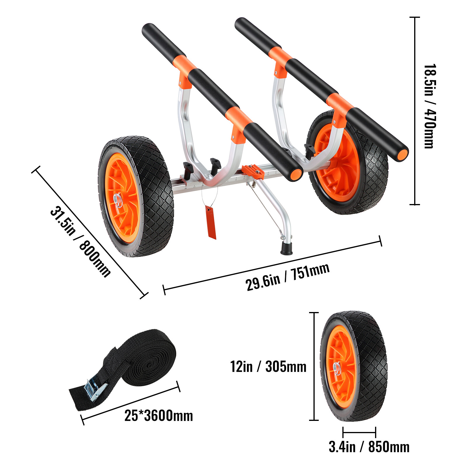 Adjustable Kayak Cart Canoe Boat Carrier 450lbs Load with 12'' Solid Tires