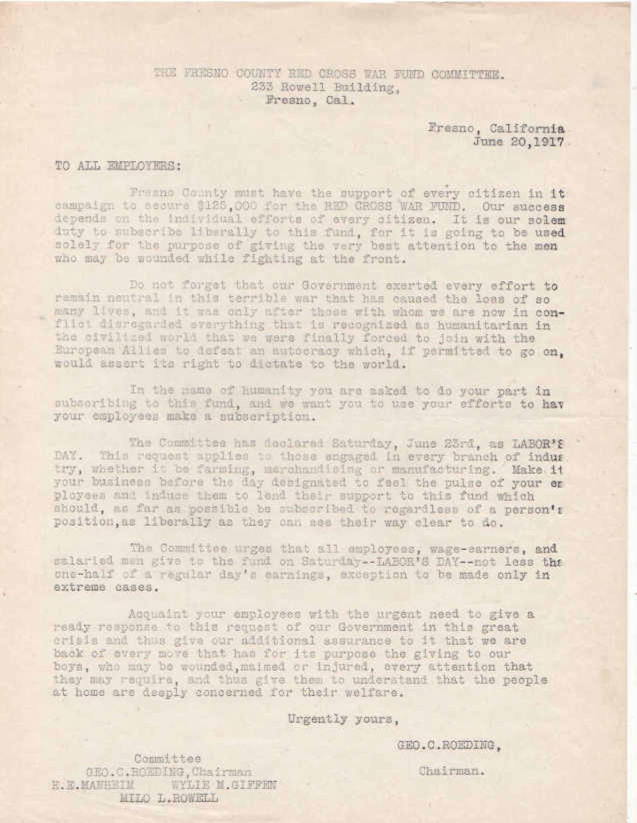 WWI 1917-19 FRESNO COUNTY WAR FUND COMMITTEE LETTER +WAR WORK CAMPAIGN DOCS