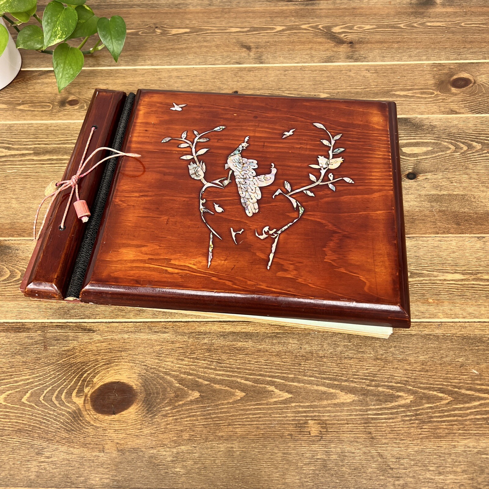 Wooden Shell Inlayed Peacock Photo Album Music Box Vintage Abalone Ariran Asian