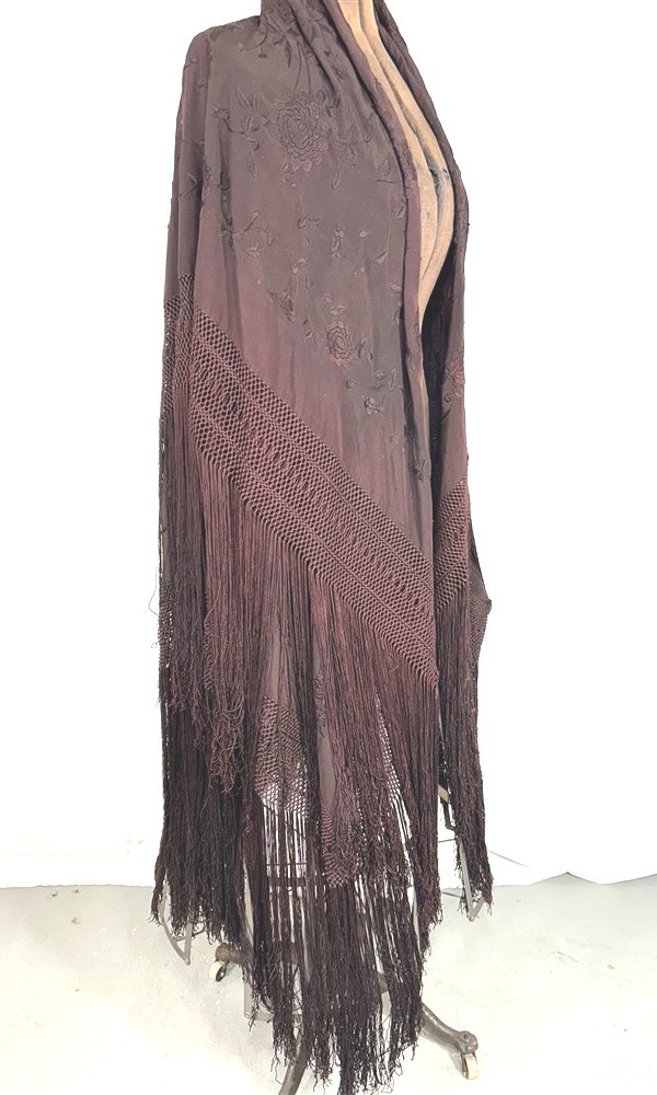 antique silk shawl embroidered lg 49x49 dark purple fringe 20 piano original