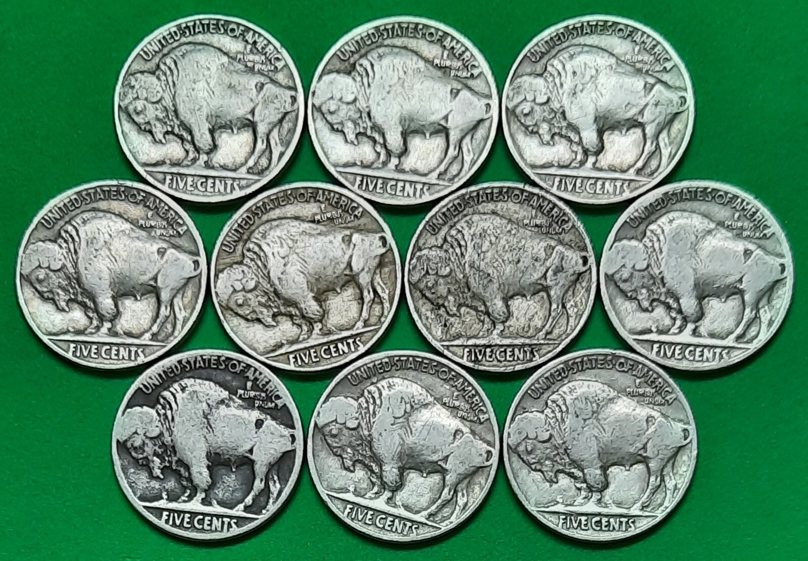 Ten FULL DATE Buffalo Nickels!