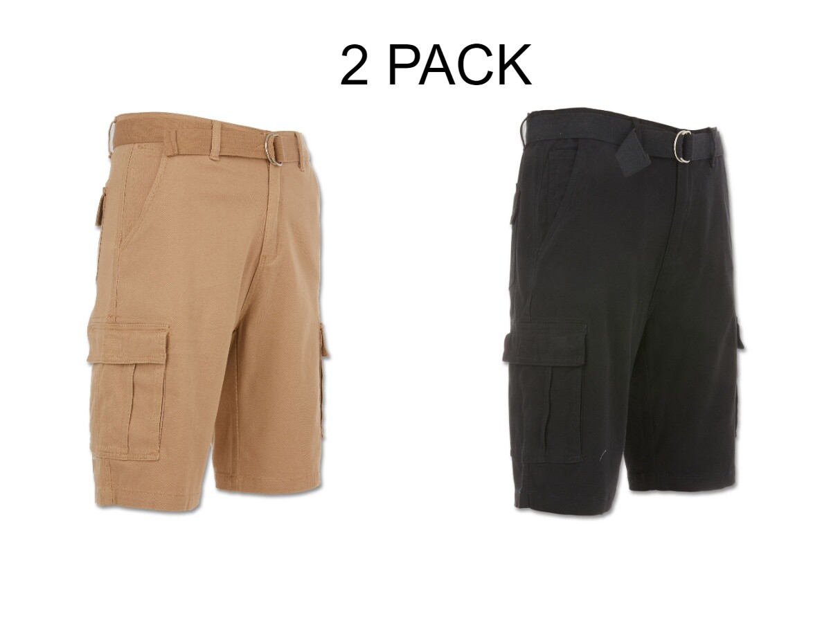 2 PACK: Men’s Cargo Shorts Casual Cotton Twill Multi Pockets Lightweight Belted