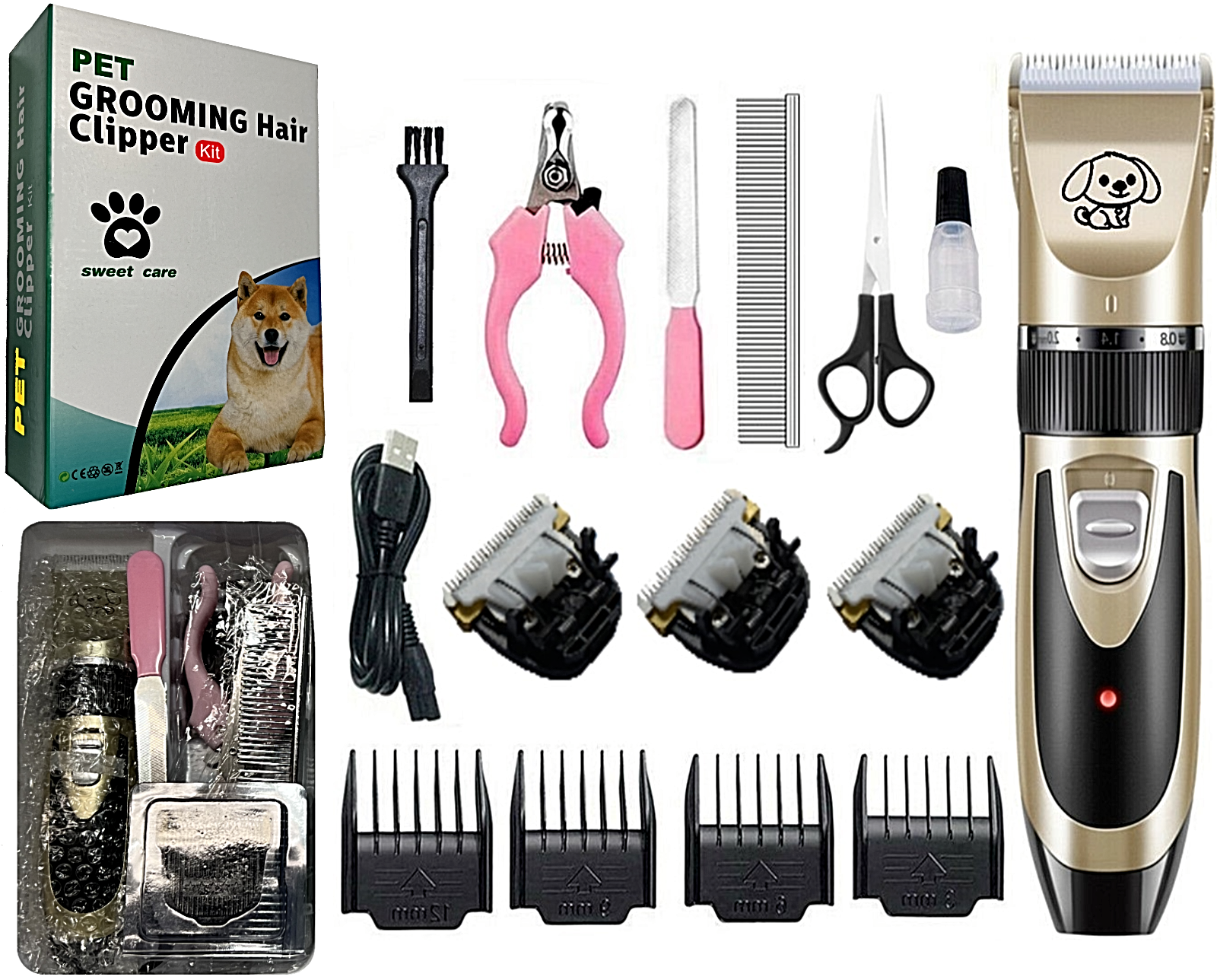 Dog Cat Pet Grooming Kit Rechargeable Cordless Electric Hair Clipper Trimmer Set