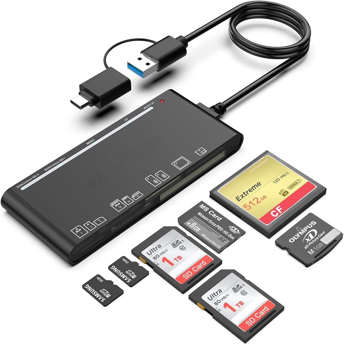 7-in-1 USB 3.0 USB C Memory Card Reader High Speed Adapter for Micro SD TF CF XD