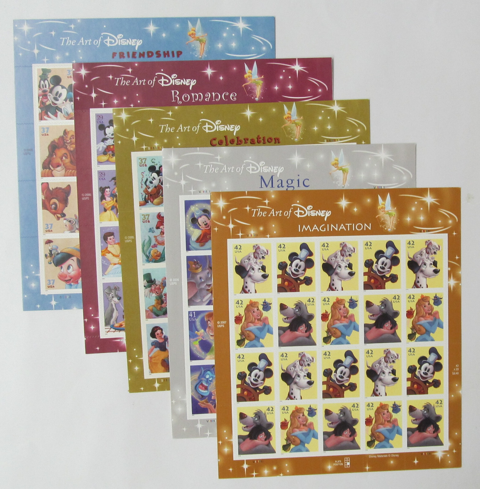 THE ART OF DISNEY Complete Set of 5 Differnt Full Sheets of 20 US Stamps 2004-08