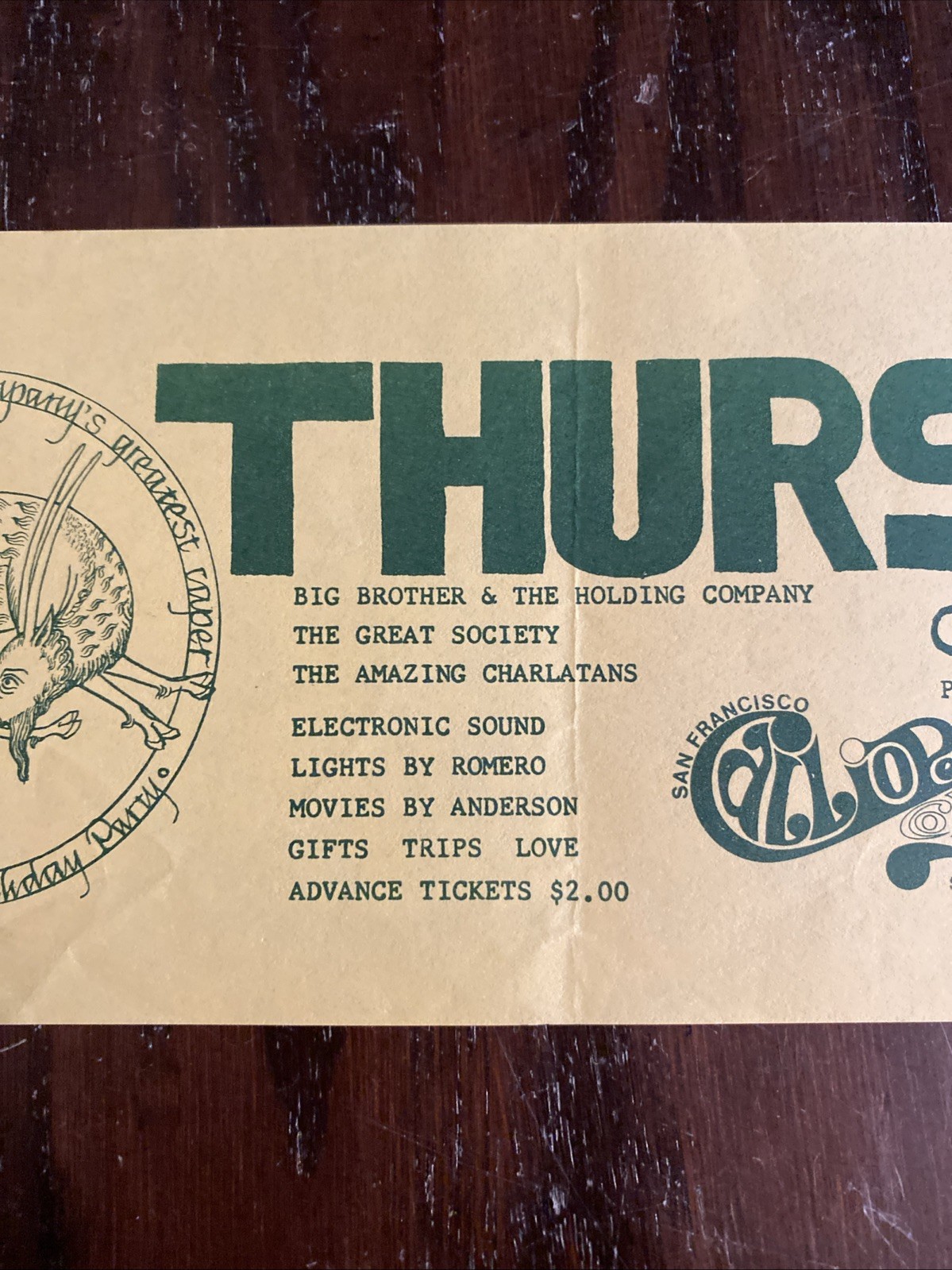 Big Brother Joplin Great Society Handbill Flyer 1966 California Hall AOR 2.156