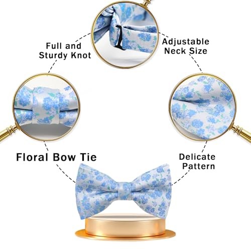 Pre-tied Floral Bow Ties for Men Adjustable Flower Pattern Satin Blue,white