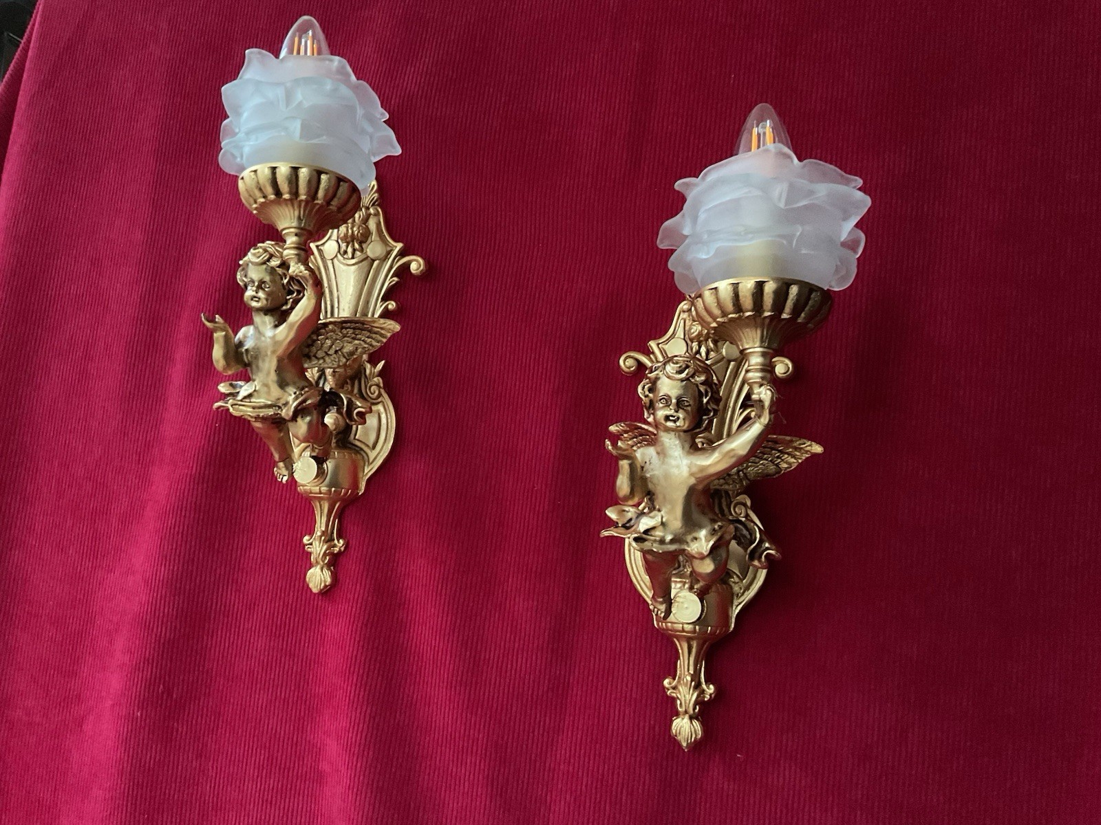 Pair Of Vintage French Putti Cherubs Winged angel Wall Lights Ormolu