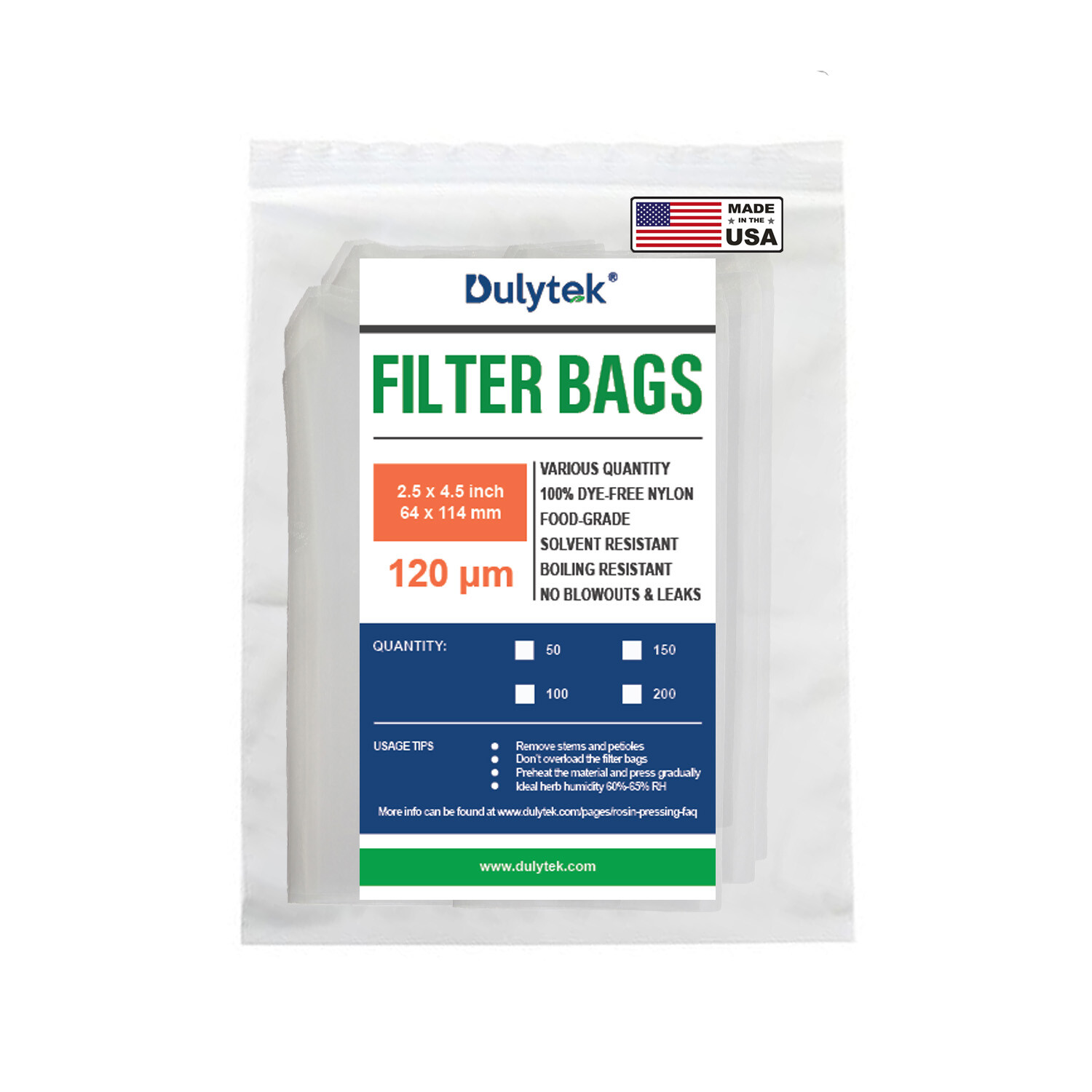 Dulytek Premium Heat Press Filter Bags, 2"x4", 120 Micron Mesh, 50pcs / Pack