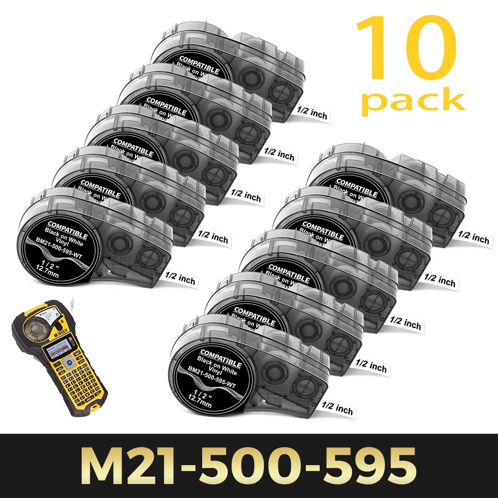 10PK For Brady BMP21-PLUS M21-500-595-WT Vinyl 1/2" Black on White Label Tape