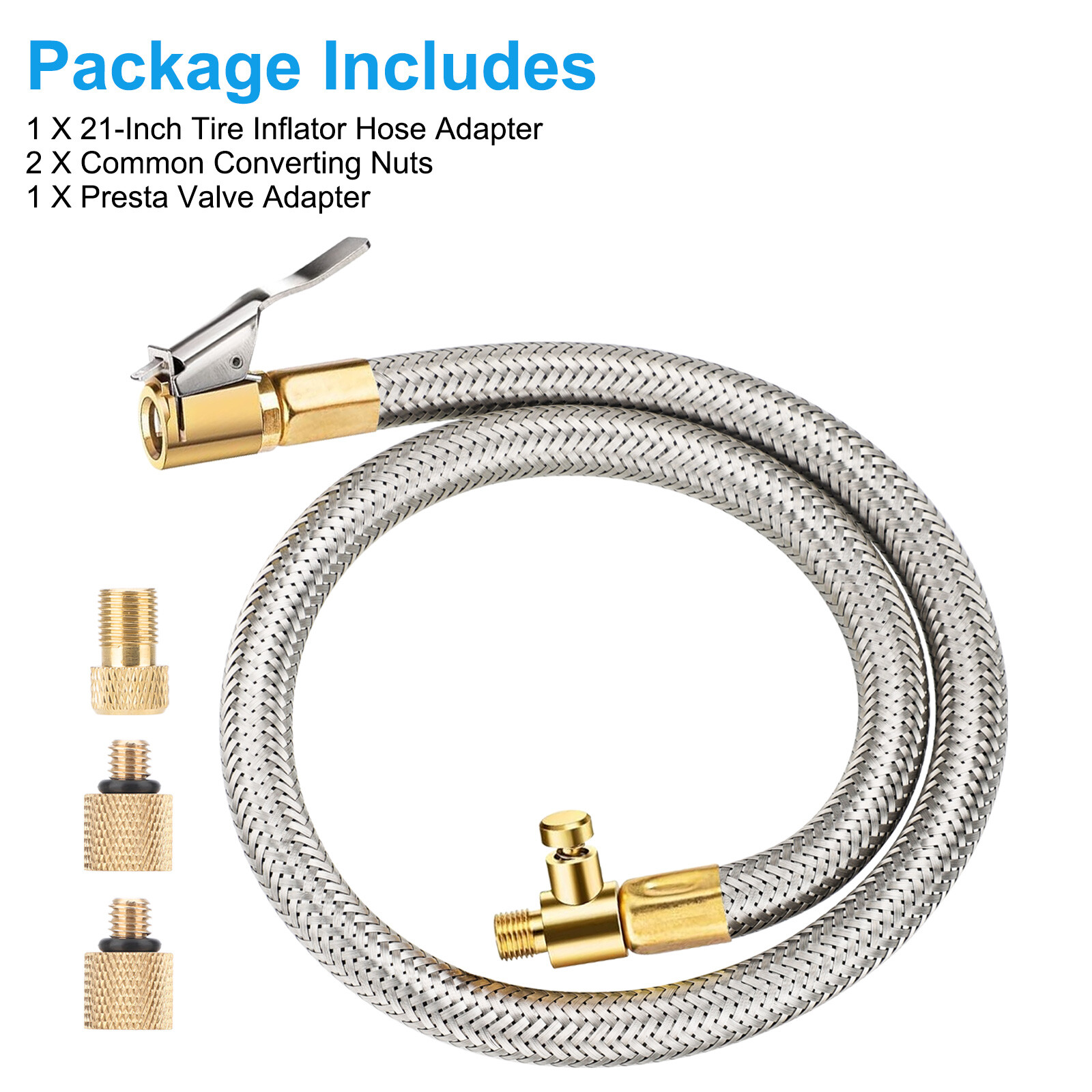 20" Tire Inflator Extension Hose Adapter Air Chuck Presta Valve Conversion Nut