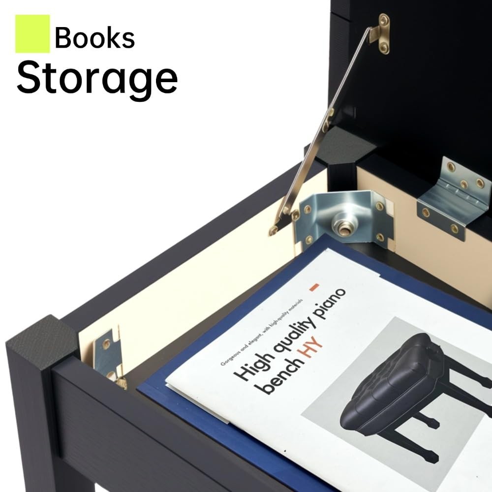 Solid Wood Piano Bench with Storage, Piano Stool and Padded Cushion, Keyboard...