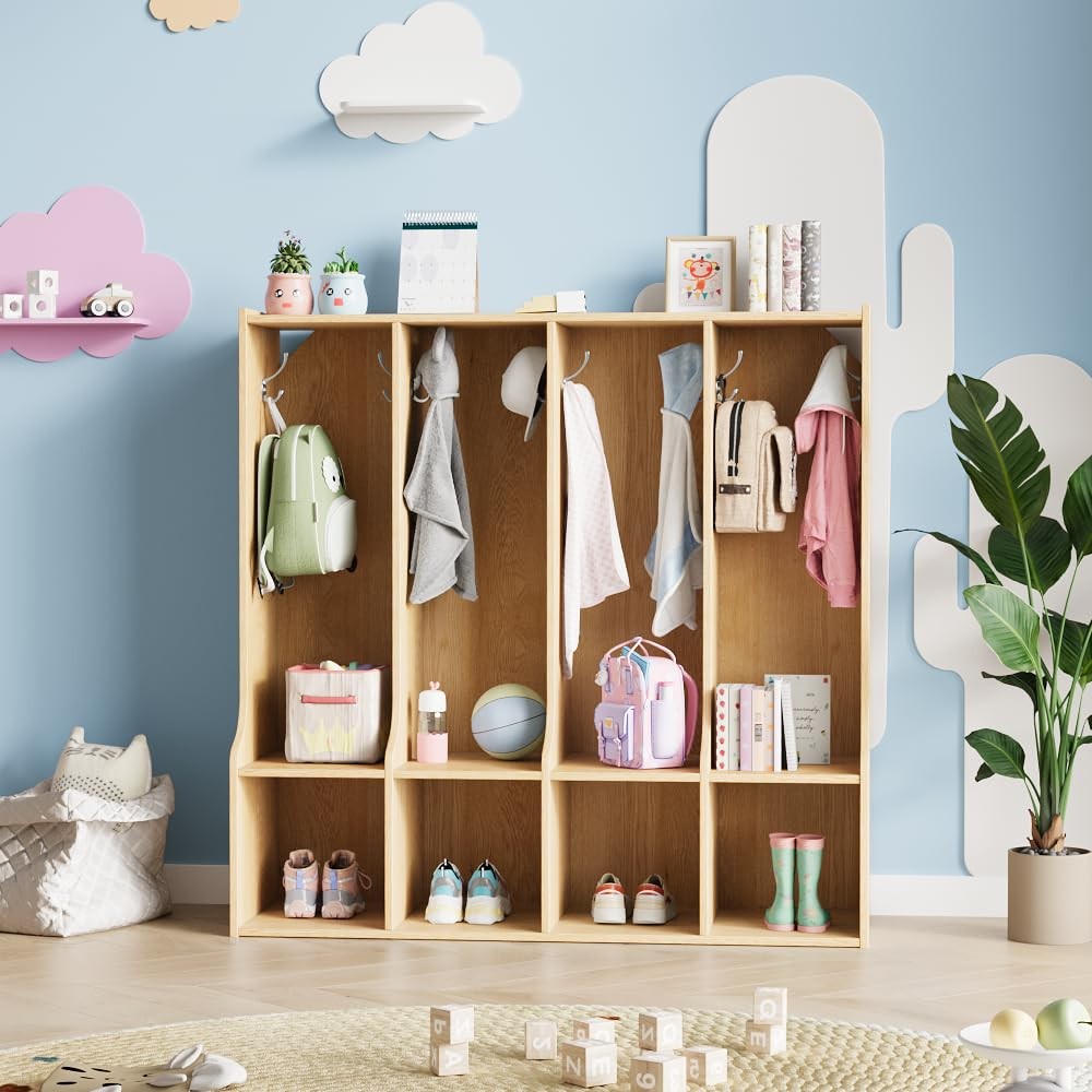 4-Section Classroom Coat Locker 4 Cubbies 8 Hooks Natural Oak for Home School