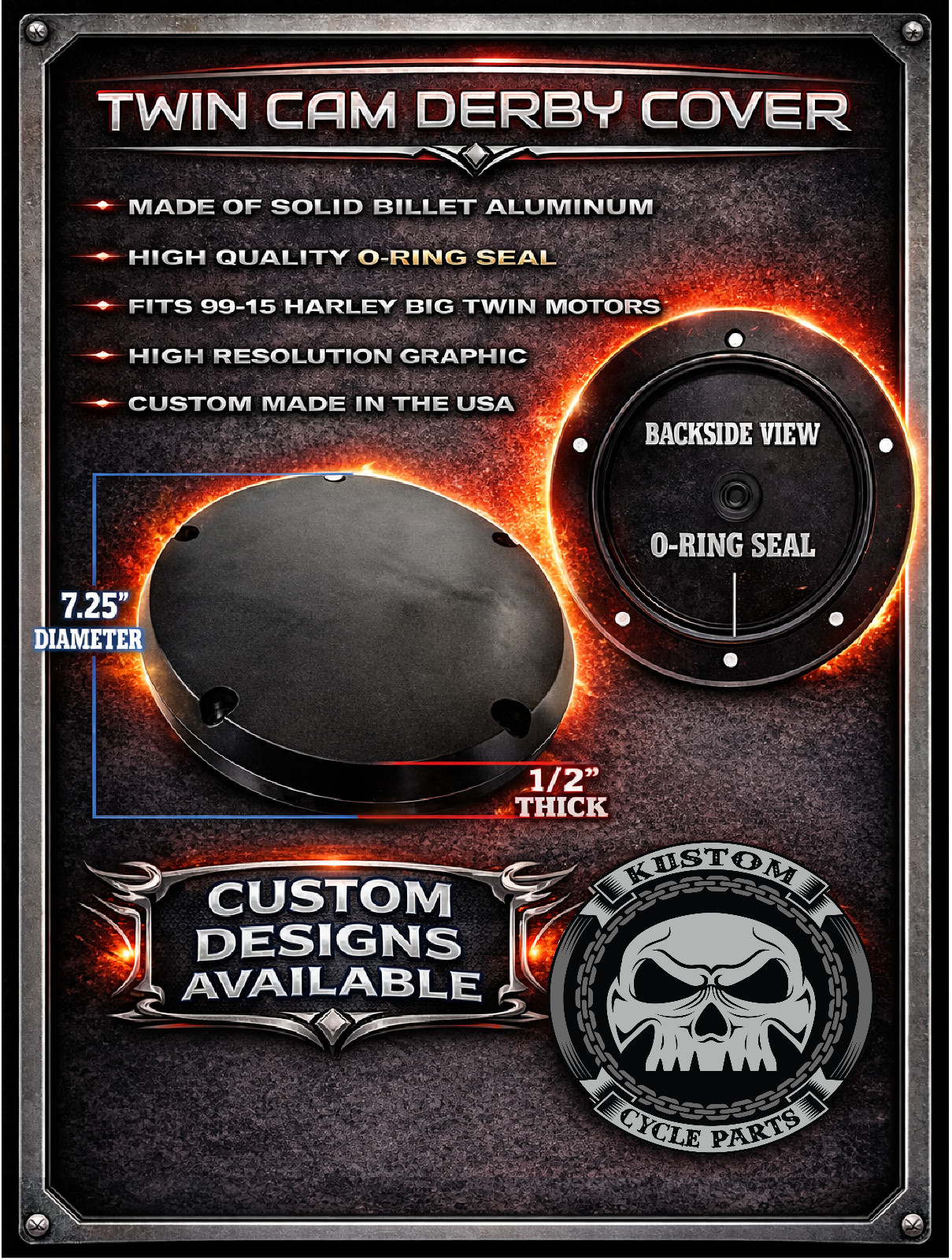 Smoked Skulls Twin Cam Harley Davidson Derby Cover. Fits Twin Cam Motors