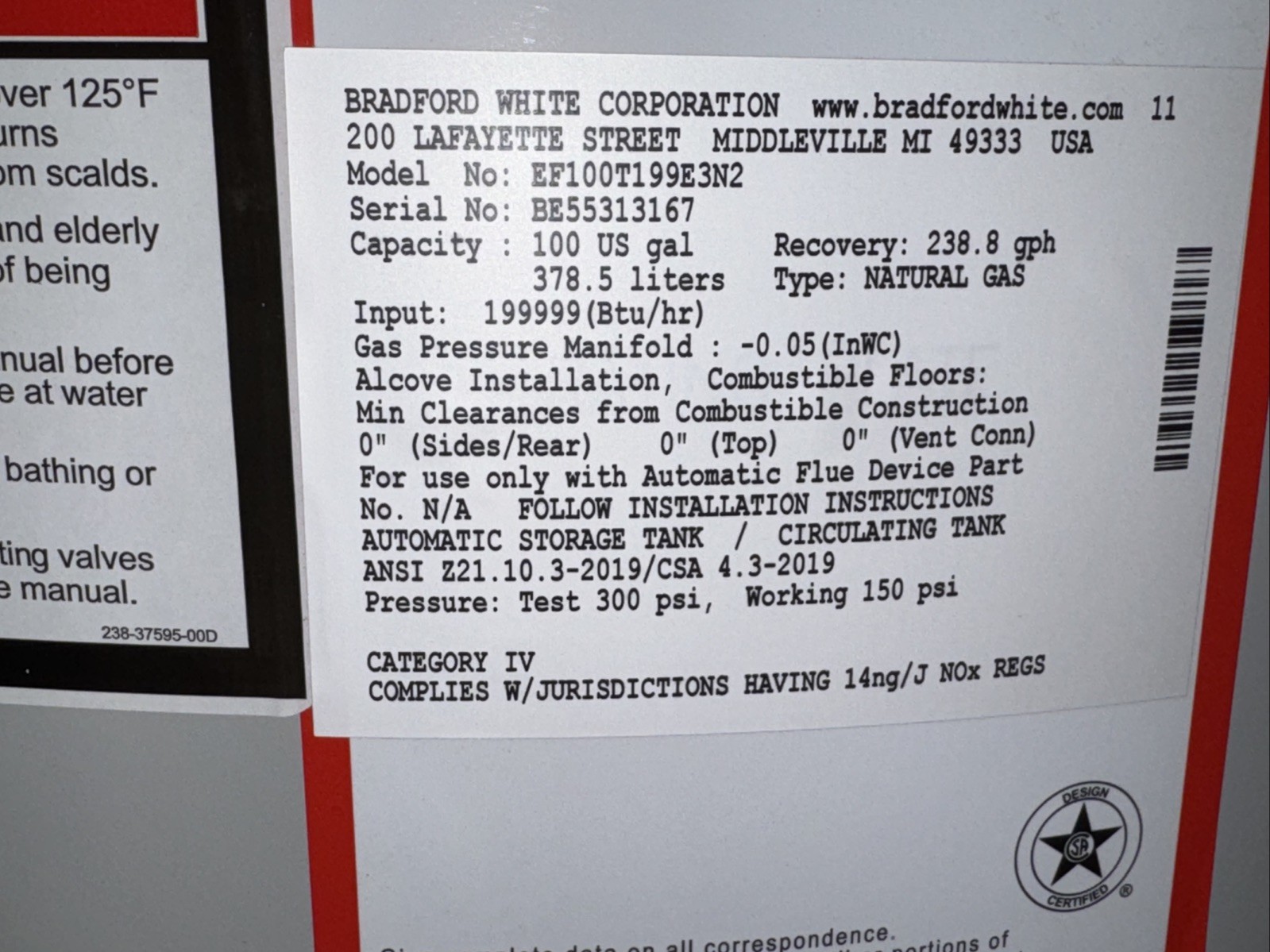 Bradford White 100 Gallon Gas Water Heater 199,999 BTU