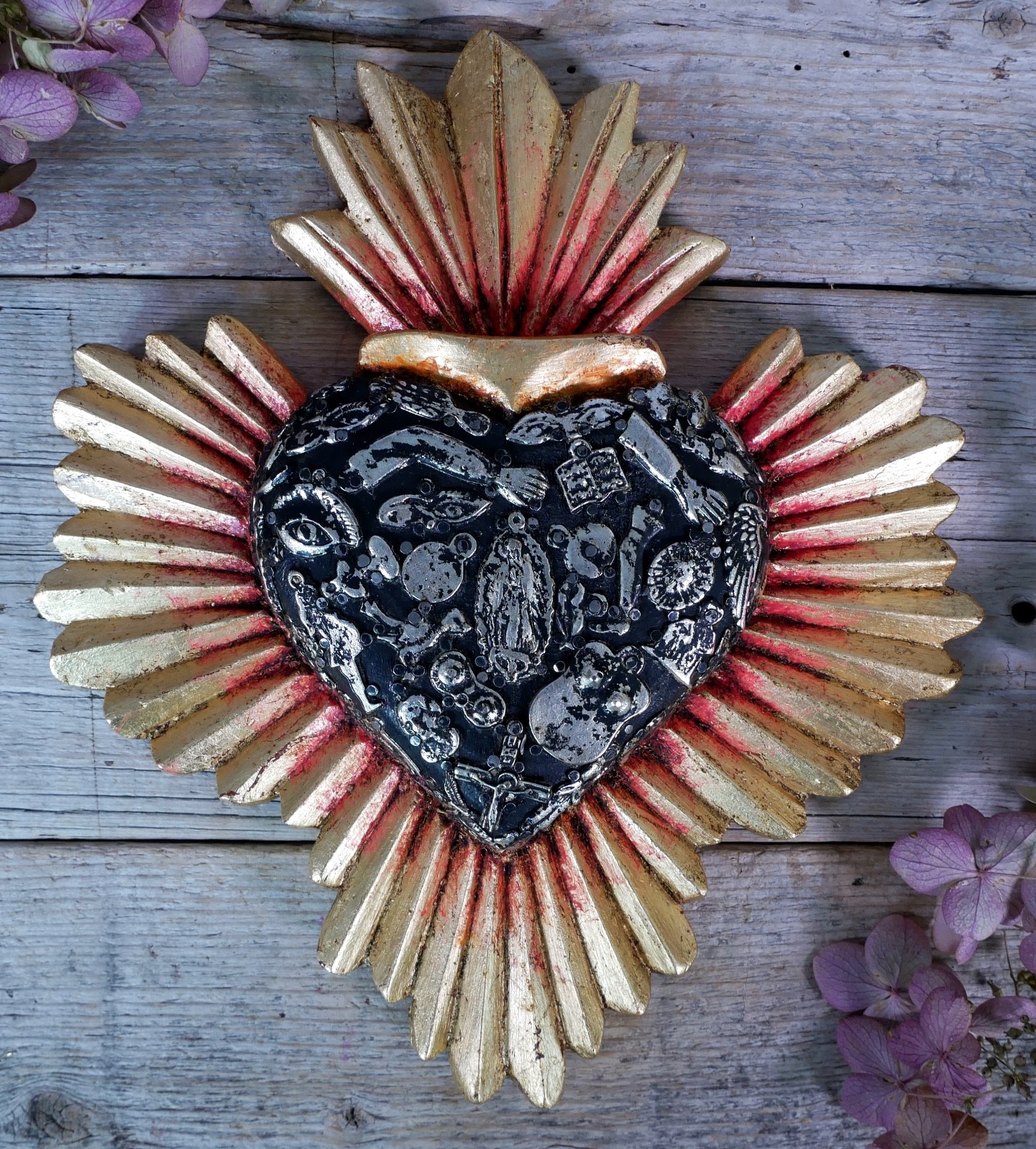 Heart Gold Starburst Milagros Guadalupe Wood Handmade Michoacan Mexican Folk Art