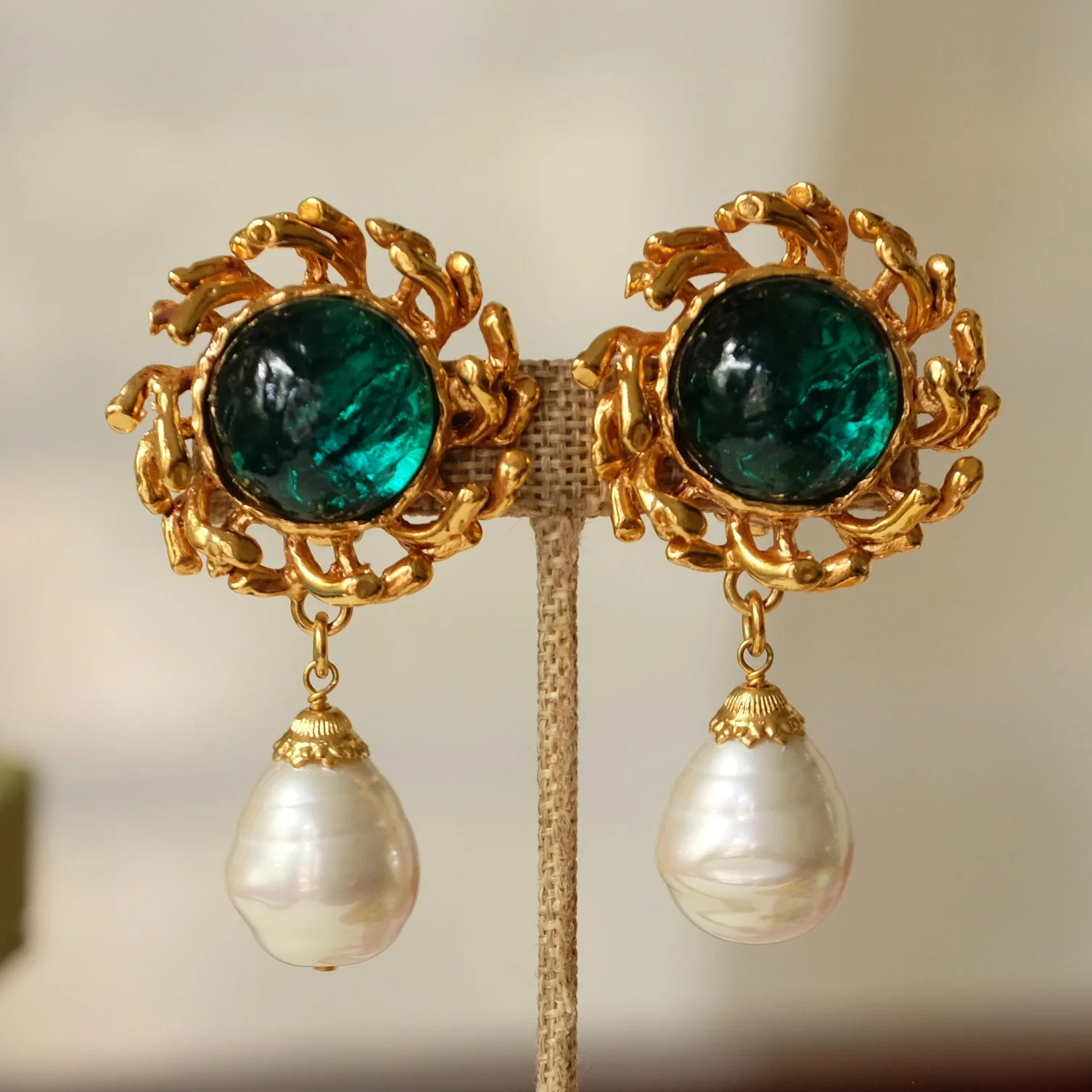Vintage Philippe Ferrandis Earrings with Green Glass and Pearl Drop