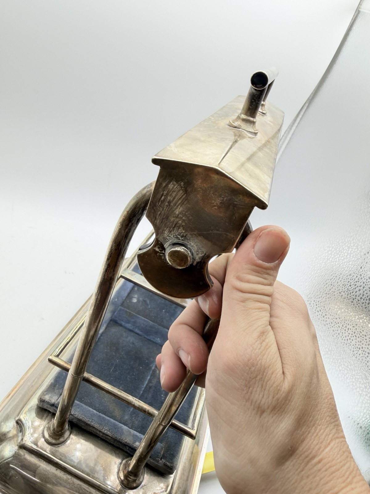 Vintage Silverplate Two-Bottle Liquor Caddy with Handle & Blue Velvet Insert