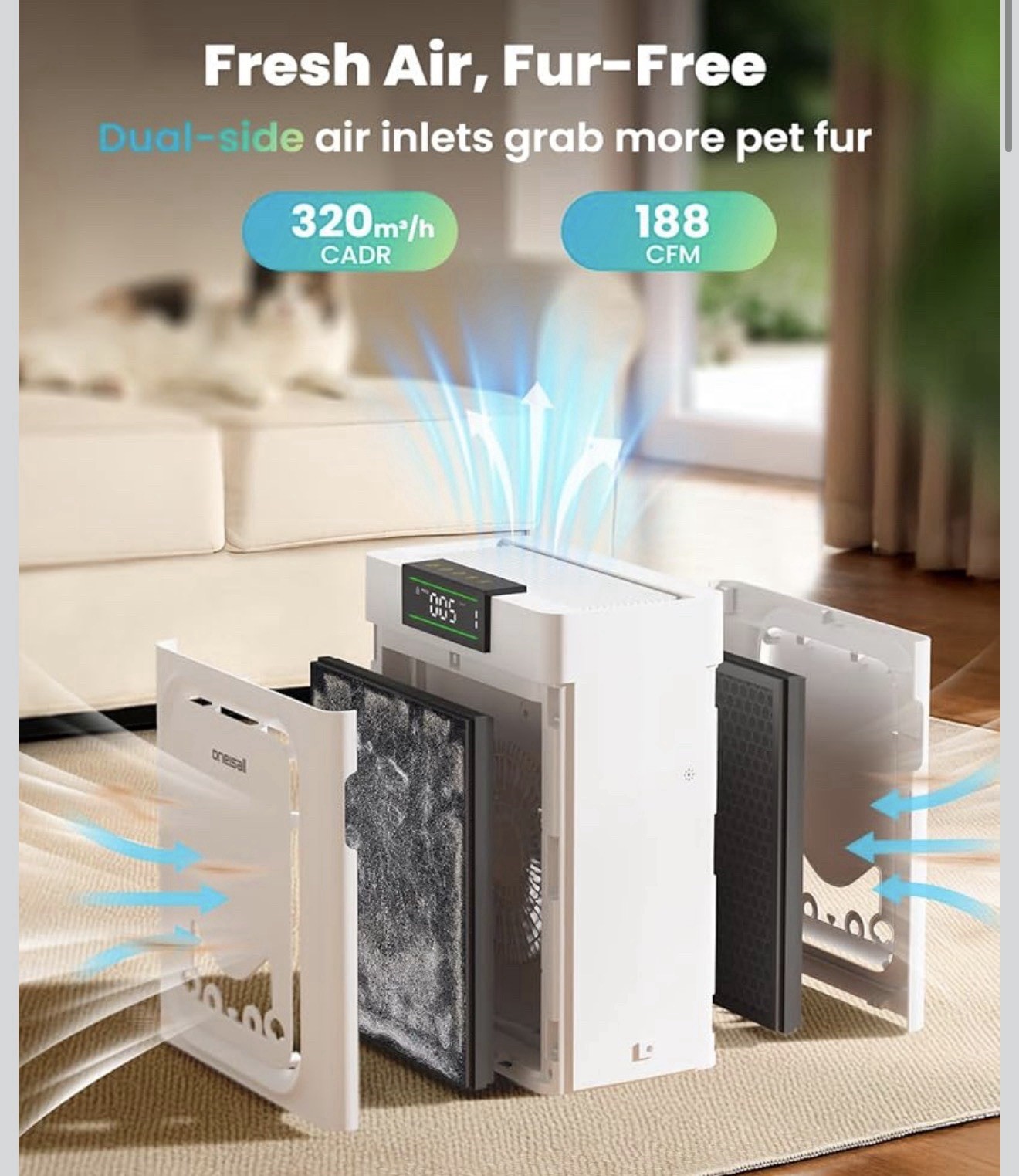 oneisall Air Purifiers for Home Pets with Double-Sided HEPA Washable Filters,...