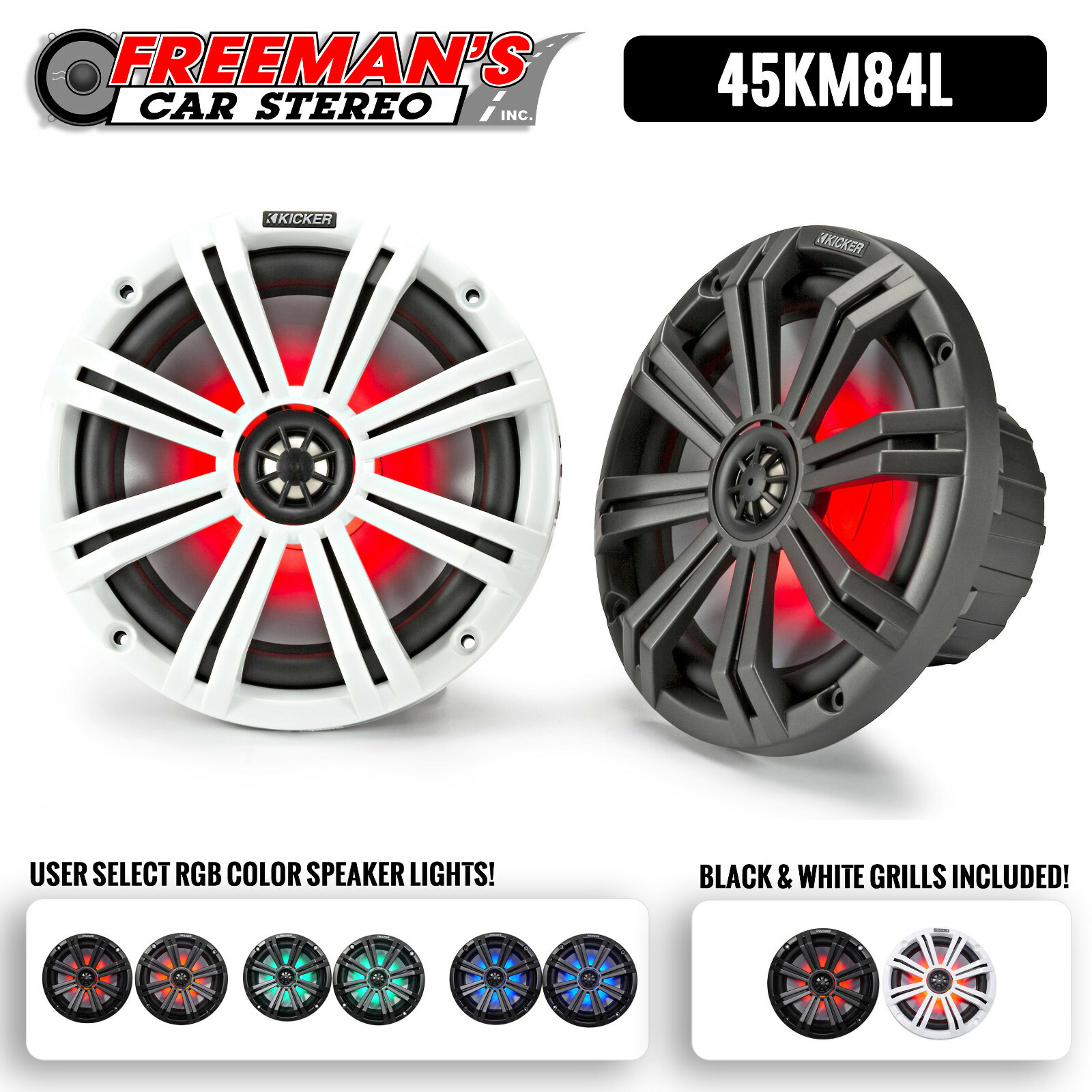 Kicker 45KM84L 8" Full Range Marine Boat Speakers Pair with RGB LED Lighting