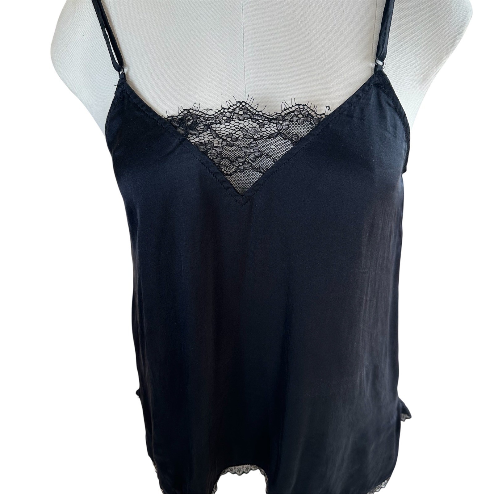 Eloise by Anthropologie Camisole Womens Small Black 100% Silk Lace Trim V-Neck