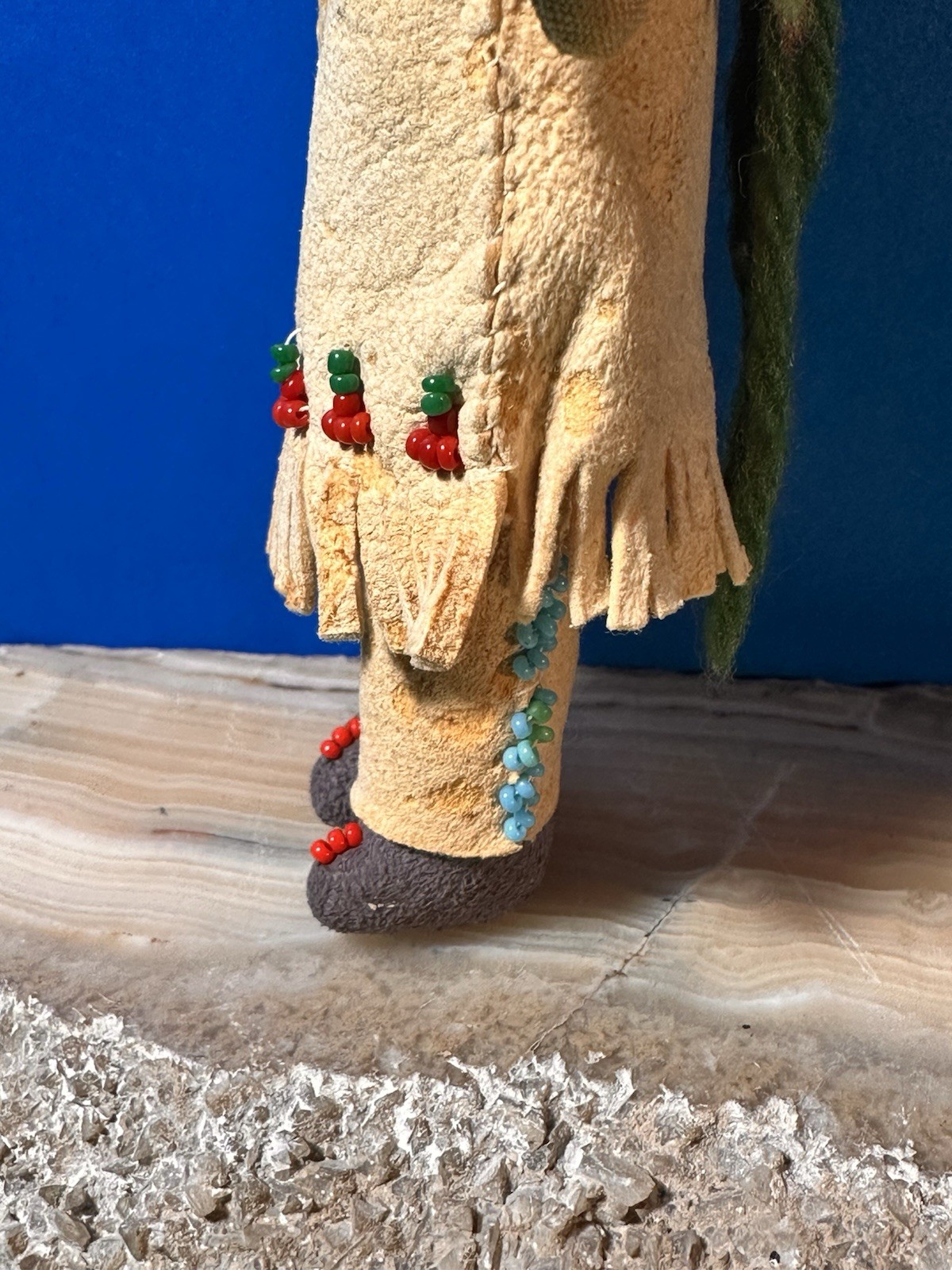 RARE 19th Century Antique Native Plain’s Indian Fringe Beaded Hide Doll Ink Face