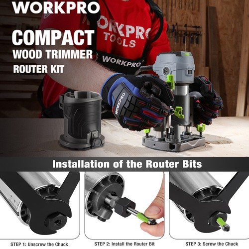 WORKPRO Compact Router Combo Kit 6.5 Amp Compact Router Fixed Base&Plunge Router