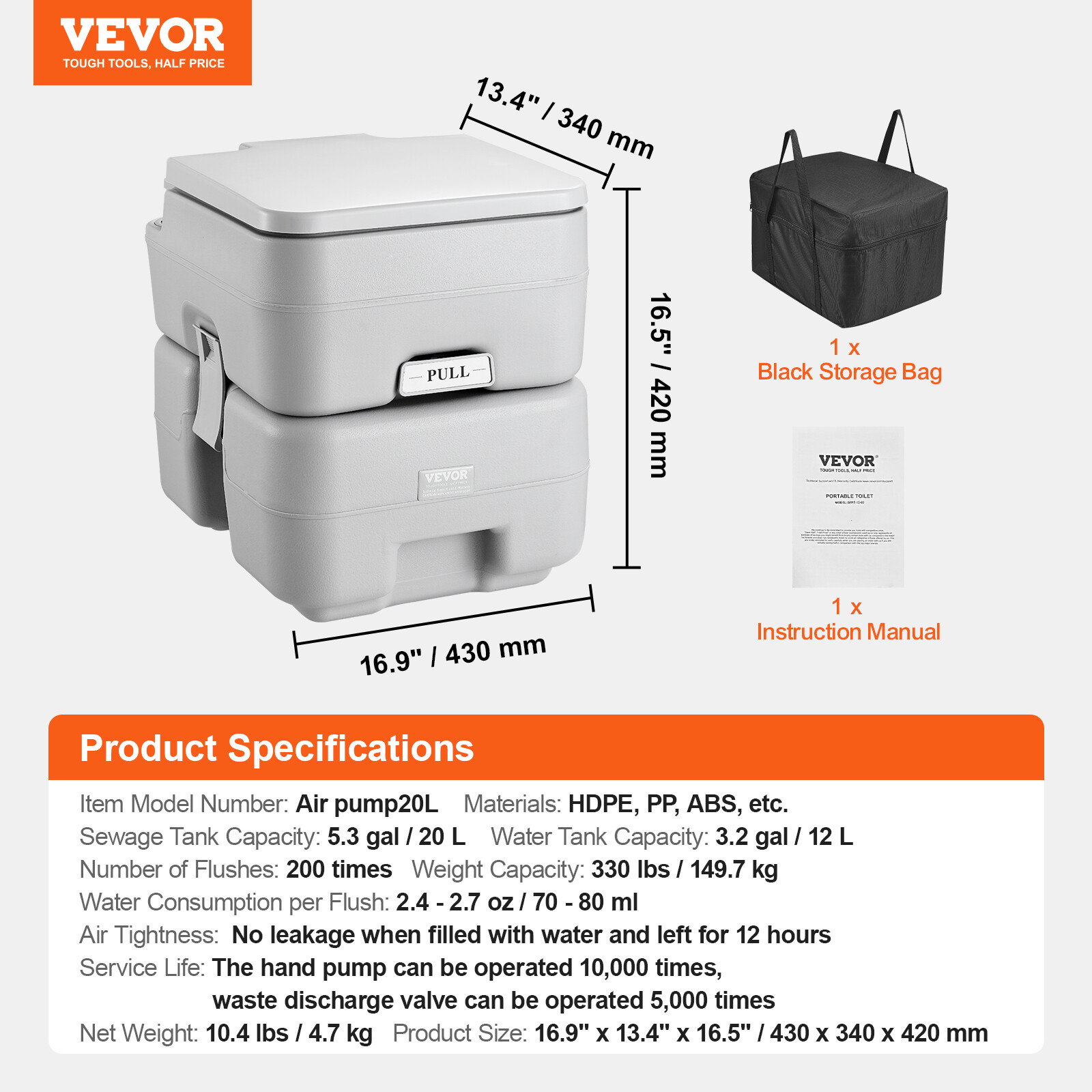 VEVOR Portable Toilet Flush Travel Camping 5.3 Gal Commode Potty with Carry Bag