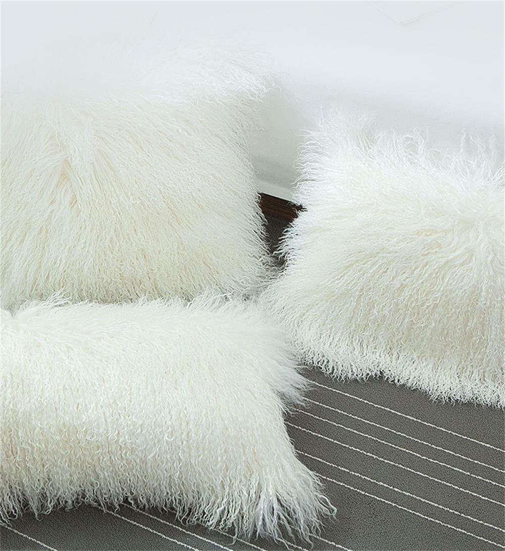 Real Mongolian Lamb Wool Cushion Cover White Black Curly Fur Pillowcase 16"-18"