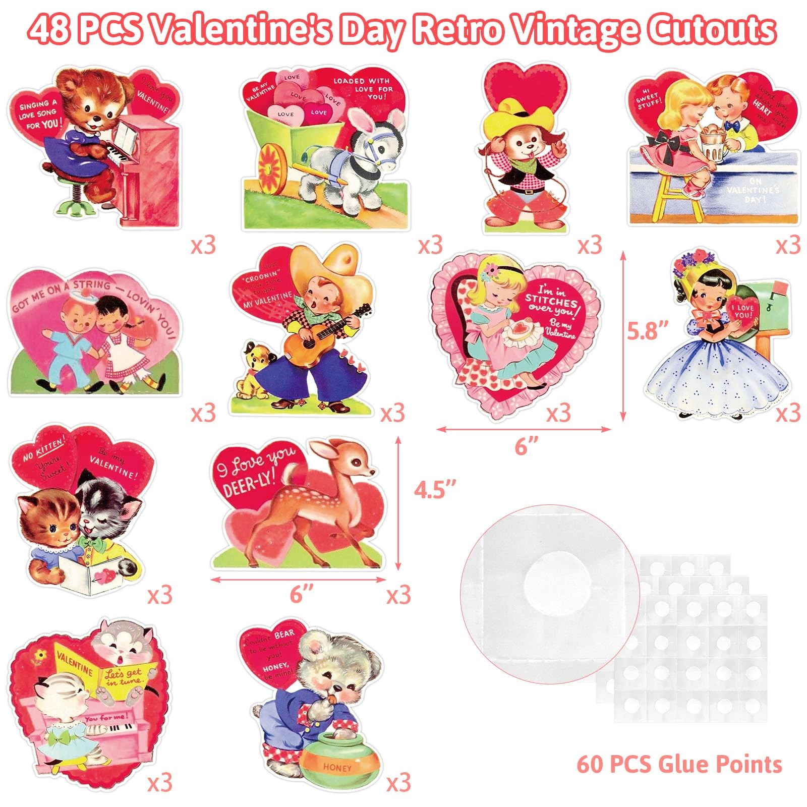 Vintage Valentine's Day Cutouts Retro 48 PCS Cardboard Hearts Classroom Decor!